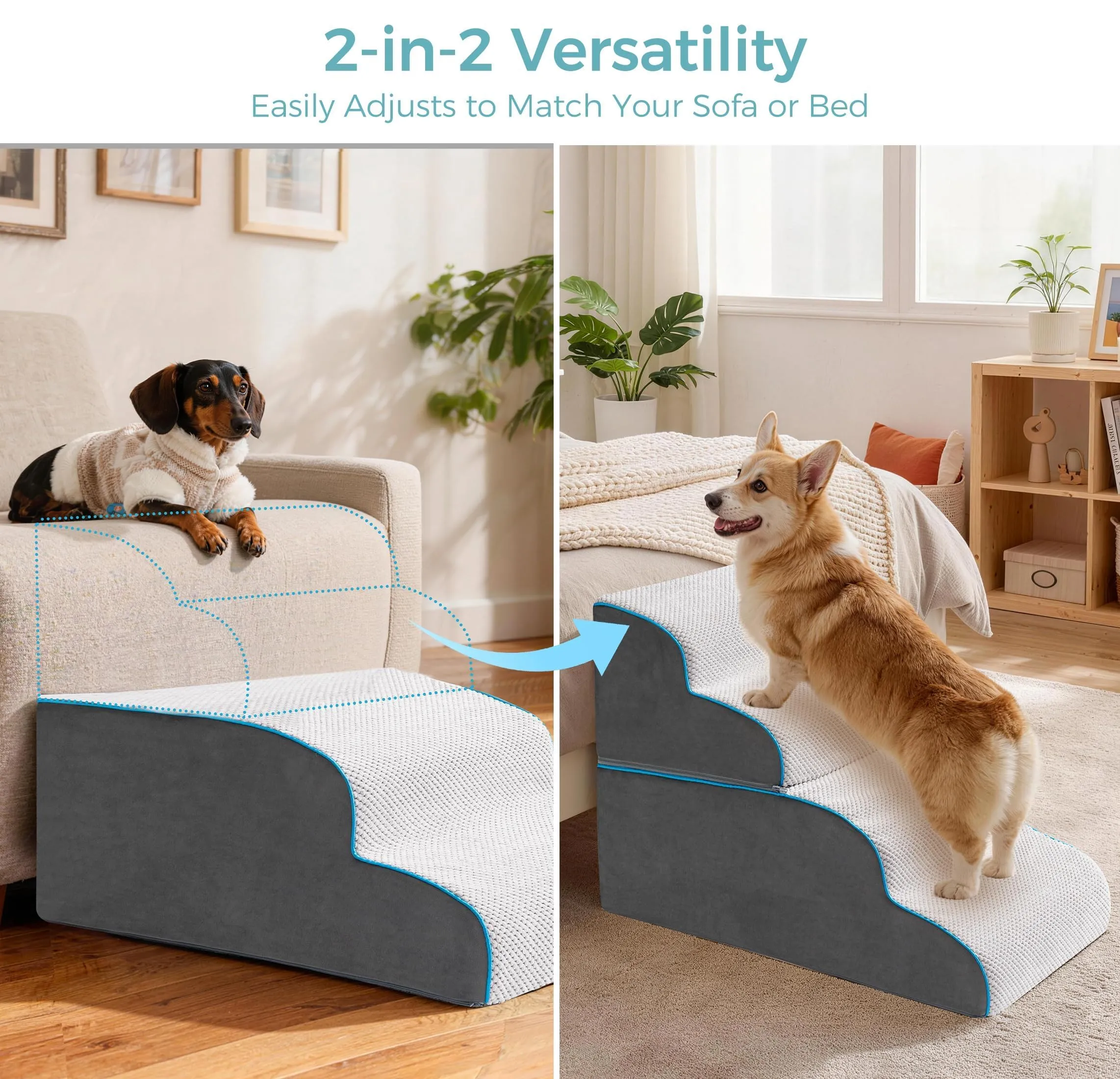 Kohentact Scaletta per Cani e Rampa per Letto e Divano, 33-61 cm, Schiuma 40D, Grigio - immagine 7