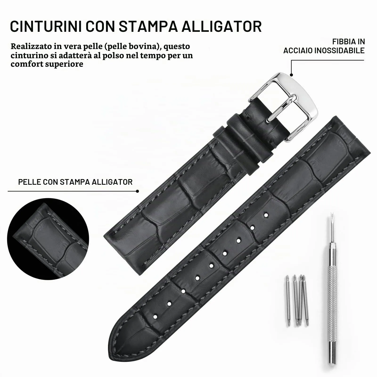 BISONSTRAP Cinturino per Orologi 20mm in Pelle Goffrata Alligatore, Grigio Scuro con Fibbia Argento - immagine 4