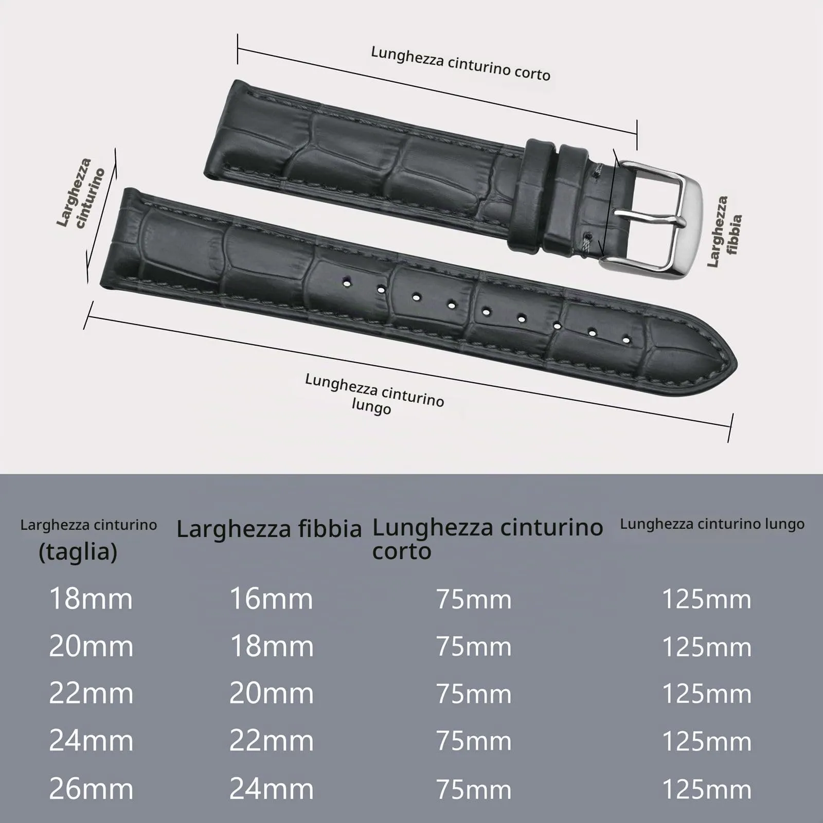 BISONSTRAP Cinturino per Orologi 20mm in Pelle Goffrata Alligatore, Grigio Scuro con Fibbia Argento - immagine 5