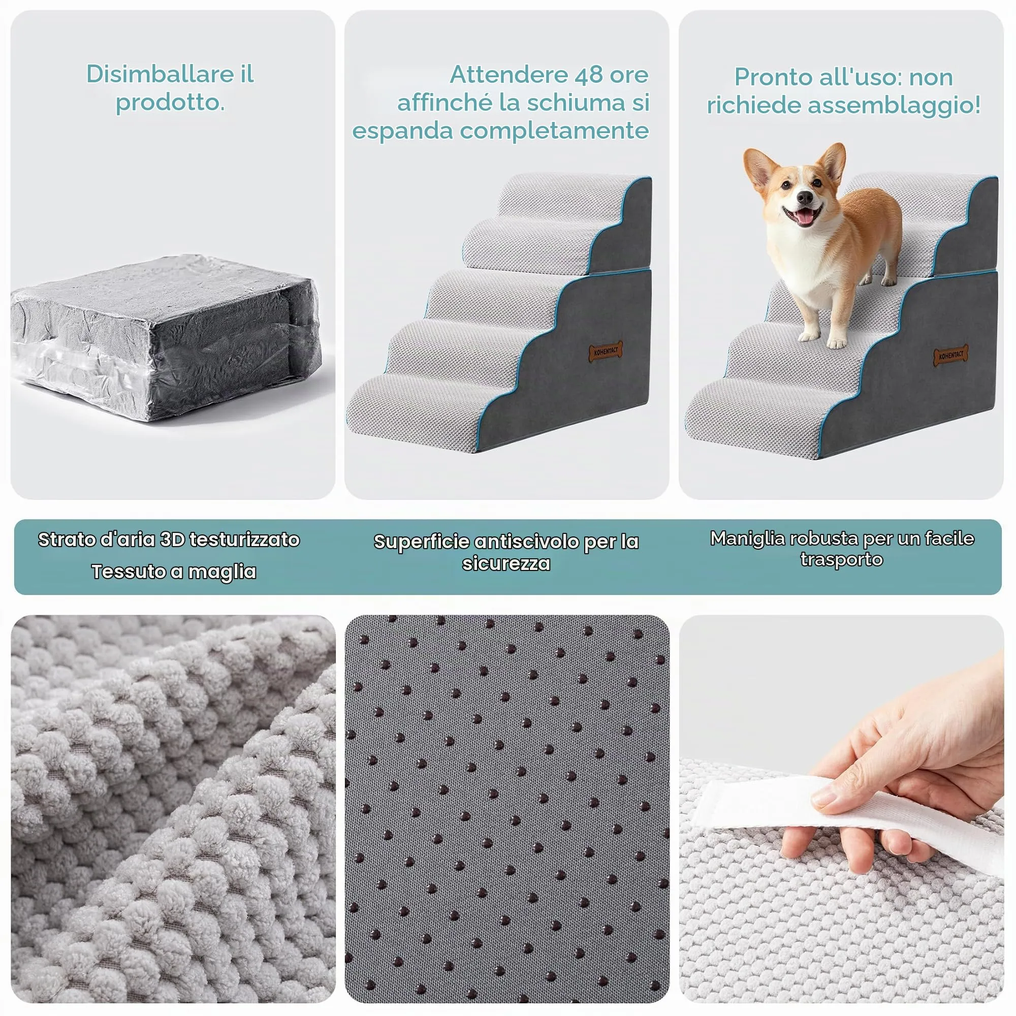 Kohentact Scaletta e Rampa per Cani, 33-61 cm, Schiuma 40D, Antiscivolo, Grigio - immagine 2