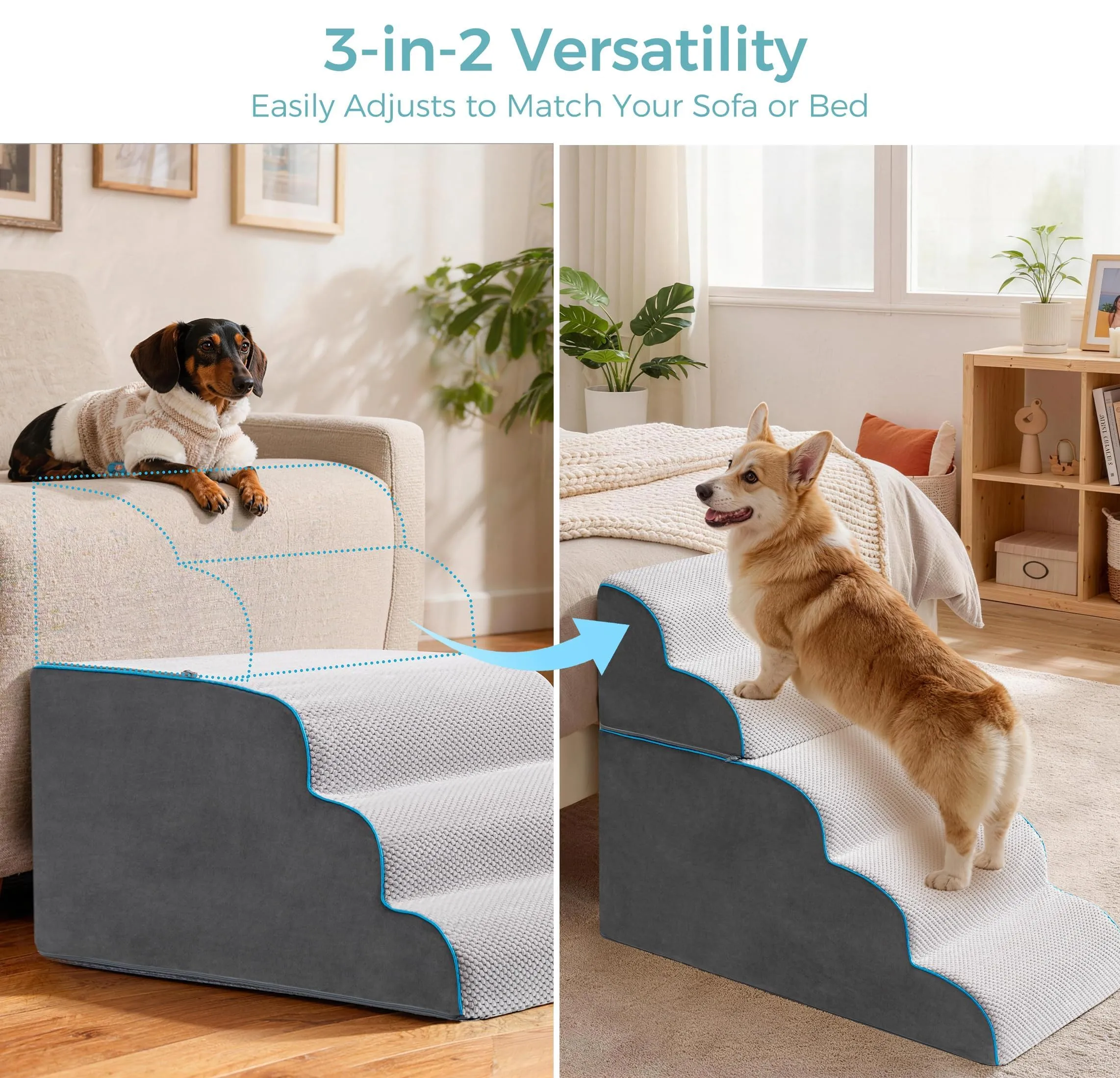 Kohentact Scaletta e Rampa per Cani, 33-61 cm, Schiuma 40D, Antiscivolo, Grigio - immagine 7