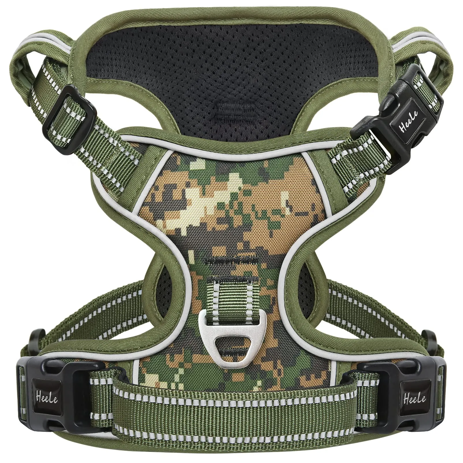 HEELE Pettorina Cane Anti-tiro Riflettente e Regolabile, Imbracatura con Sgancio Rapido dal Collo e Maniglia, Imbottita, Mimetico Verde, Taglia L - immagine 1