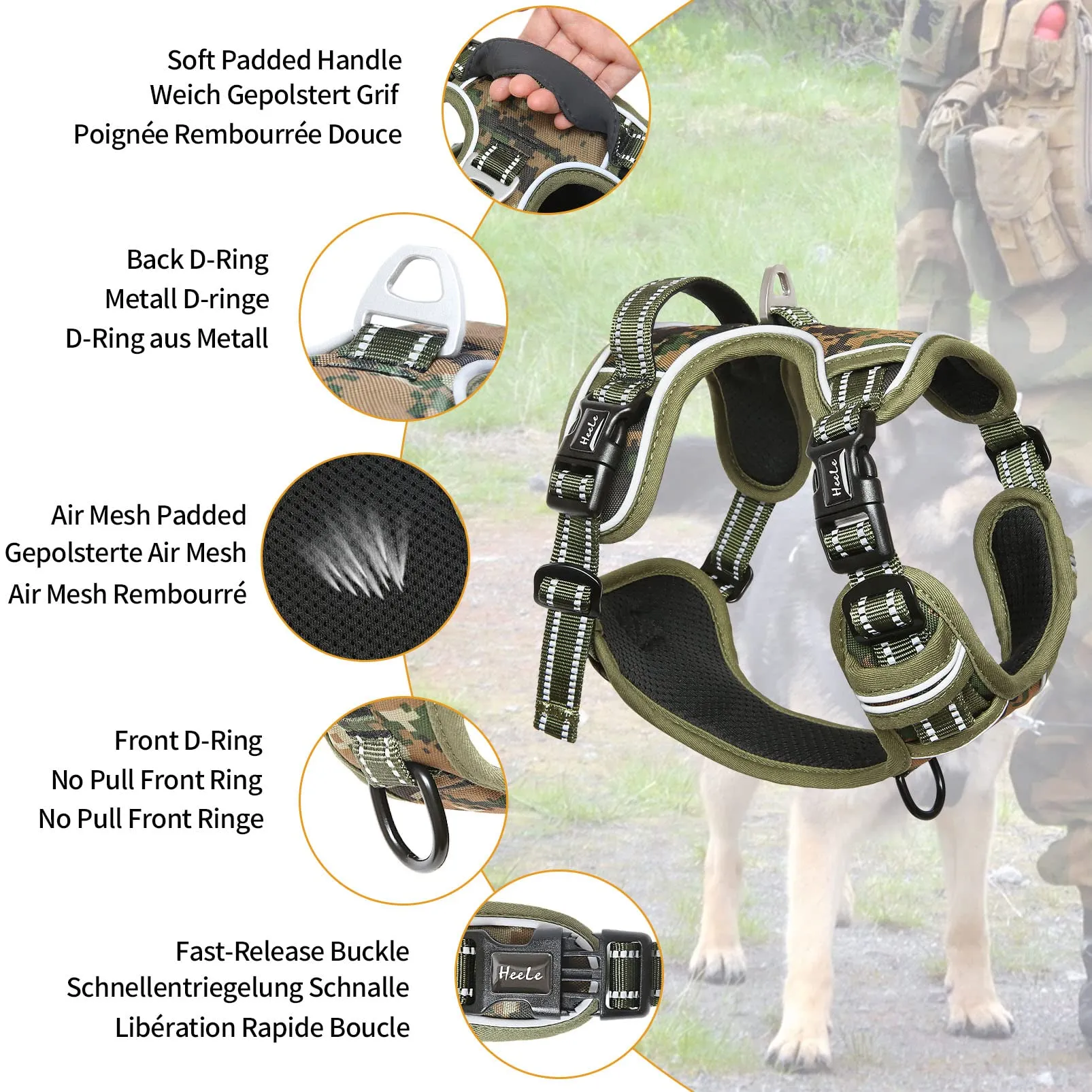 HEELE Pettorina Cane Anti-tiro Riflettente e Regolabile, Imbracatura con Sgancio Rapido dal Collo e Maniglia, Imbottita, Mimetico Verde, Taglia L - immagine 4