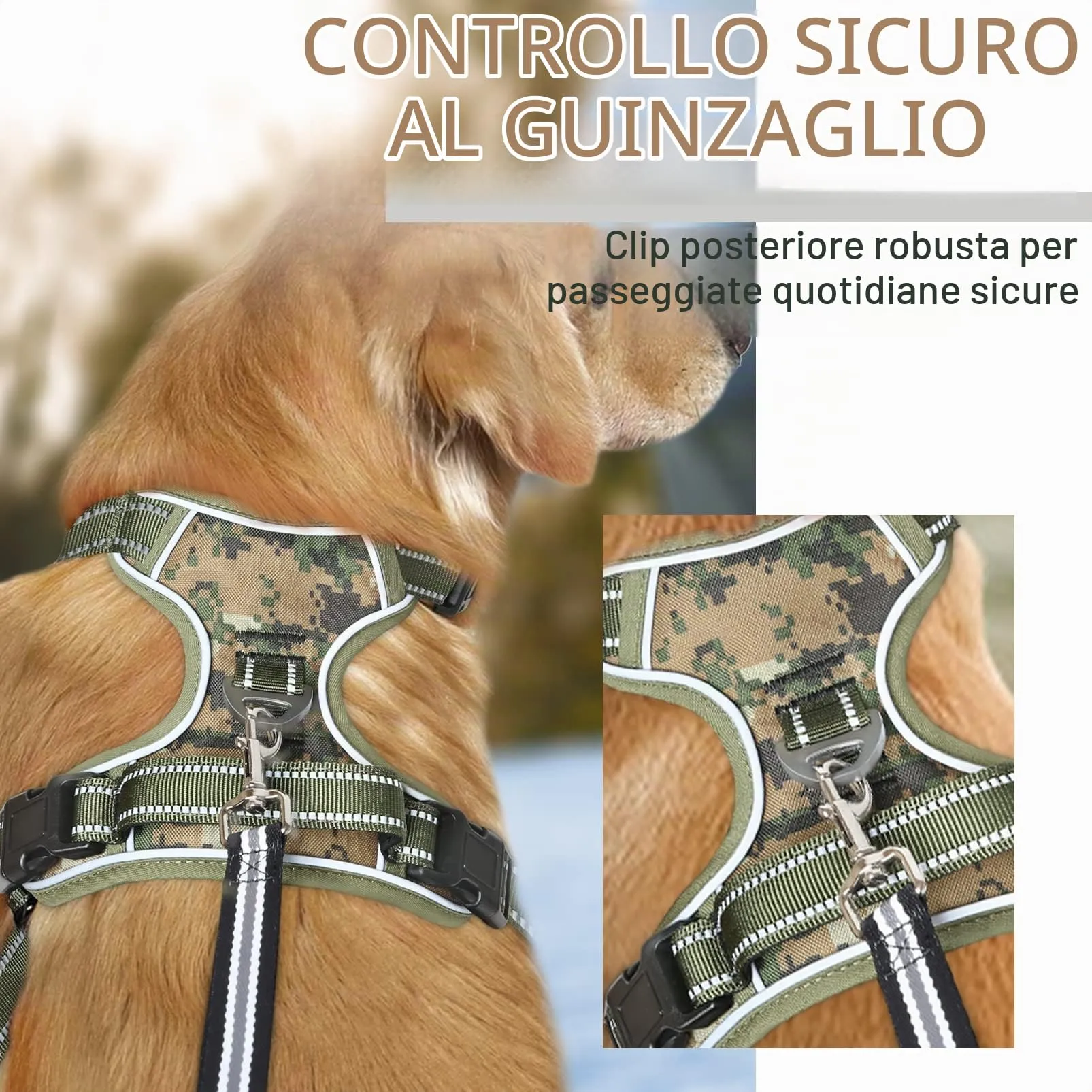 HEELE Pettorina Cane Anti-tiro Riflettente e Regolabile, Imbracatura con Sgancio Rapido dal Collo e Maniglia, Imbottita, Mimetico Verde, Taglia L - immagine 5