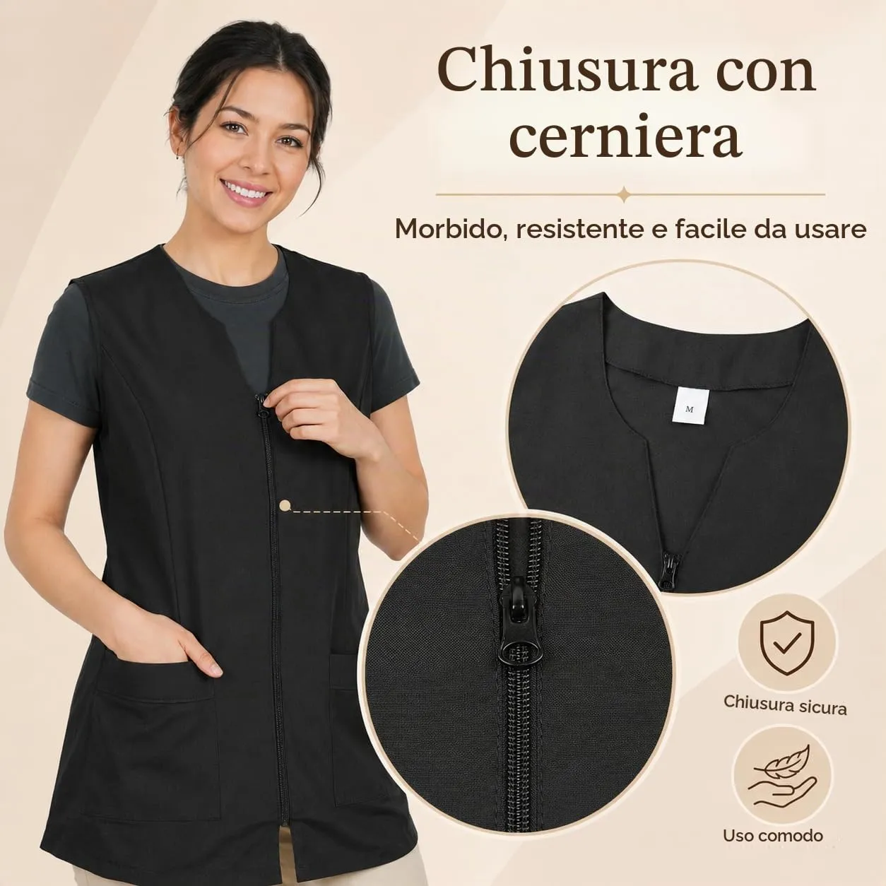 Etrexonline Giacca Donna Uniforme da Lavoro Senza Maniche, Casacca Nero con Cerniera per la Pulizia - L - immagine 3