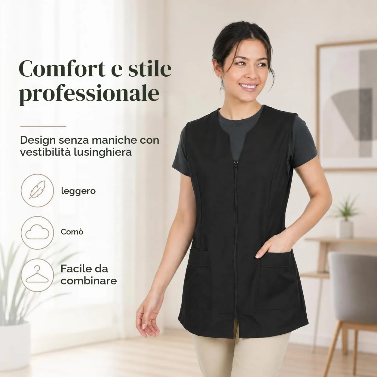 Etrexonline Giacca Donna Uniforme da Lavoro Senza Maniche, Casacca Nero con Cerniera per la Pulizia - L - immagine 7