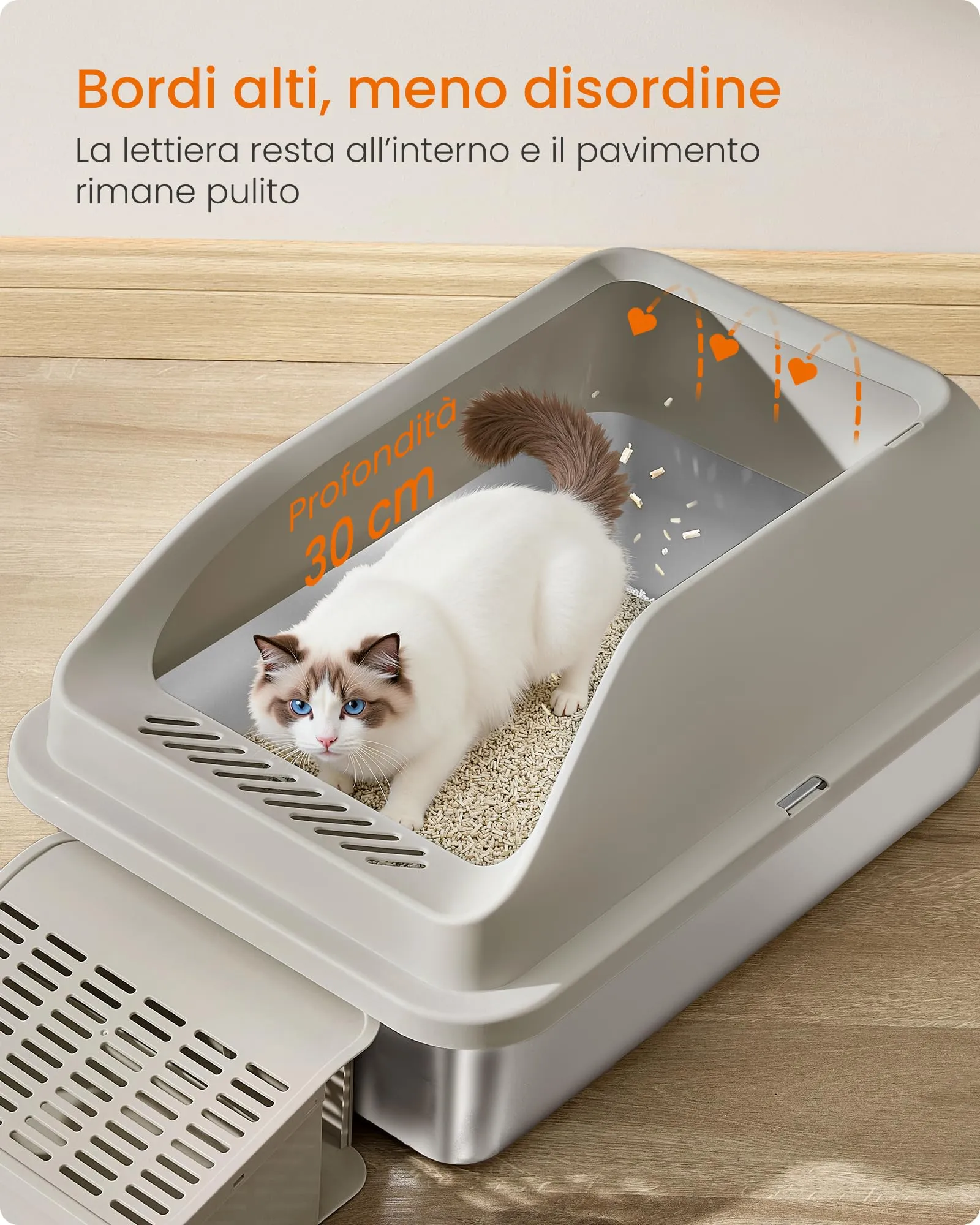 Feandrea Lettiera per Gatti in Acciaio Inossidabile, Aperta con Bordi Alti, 62x42x30 cm, Marrone Caffè - immagine 4