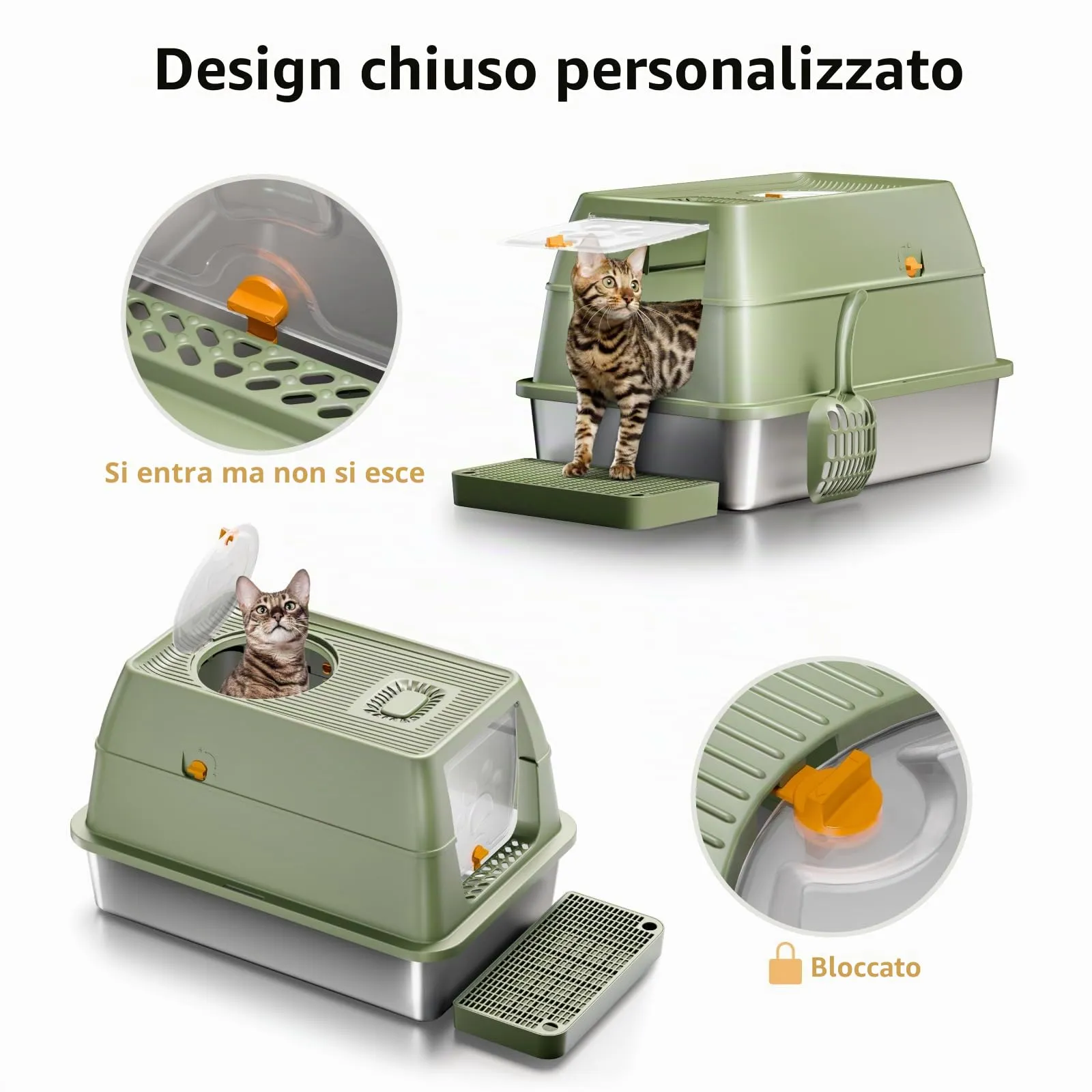 Eosarcu Lettiera per Gatti in Acciaio Inox Chiusa XXL, 60 x 40 x 39 cm, Verde - immagine 2