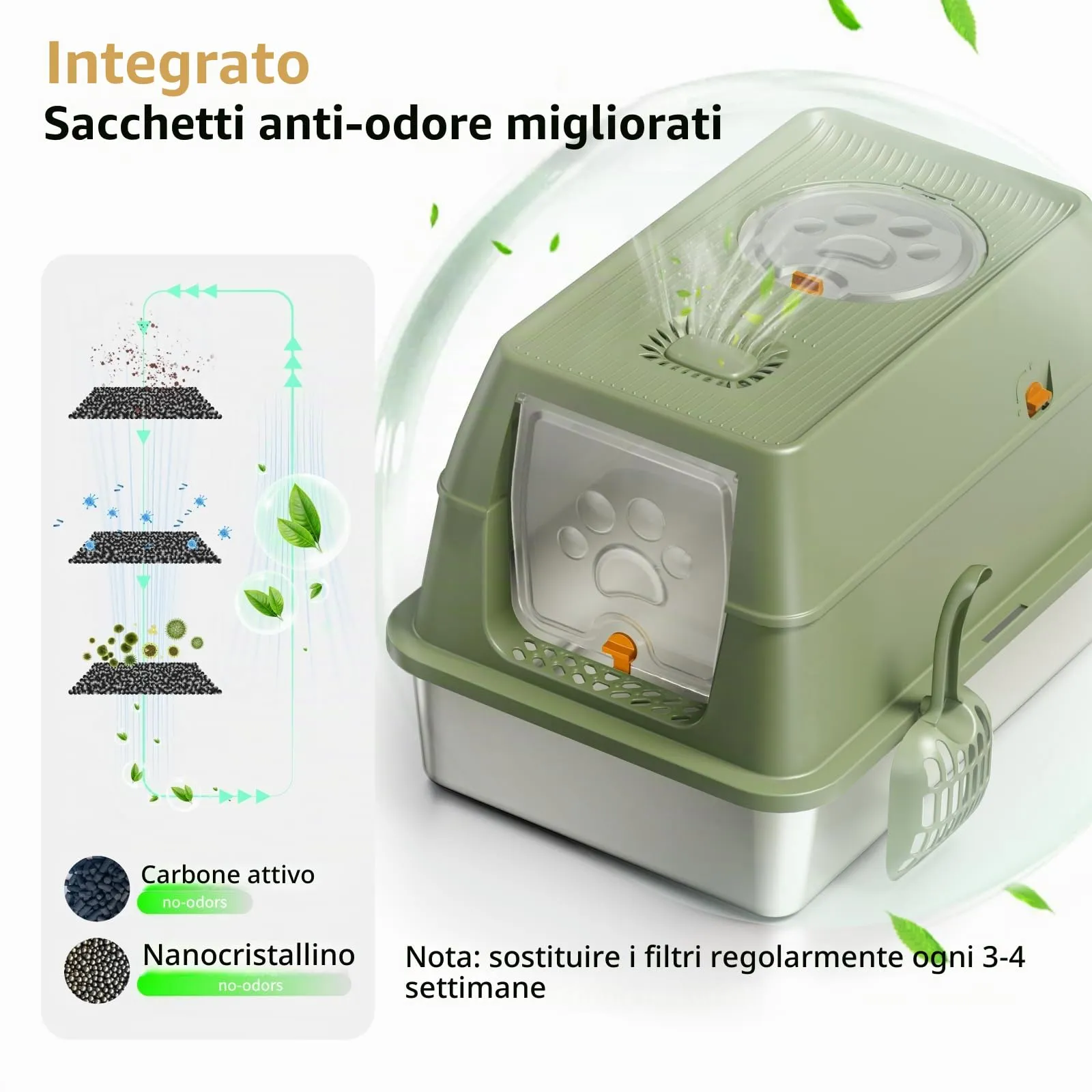 Eosarcu Lettiera per Gatti in Acciaio Inox Chiusa XXL, 60 x 40 x 39 cm, Verde - immagine 4