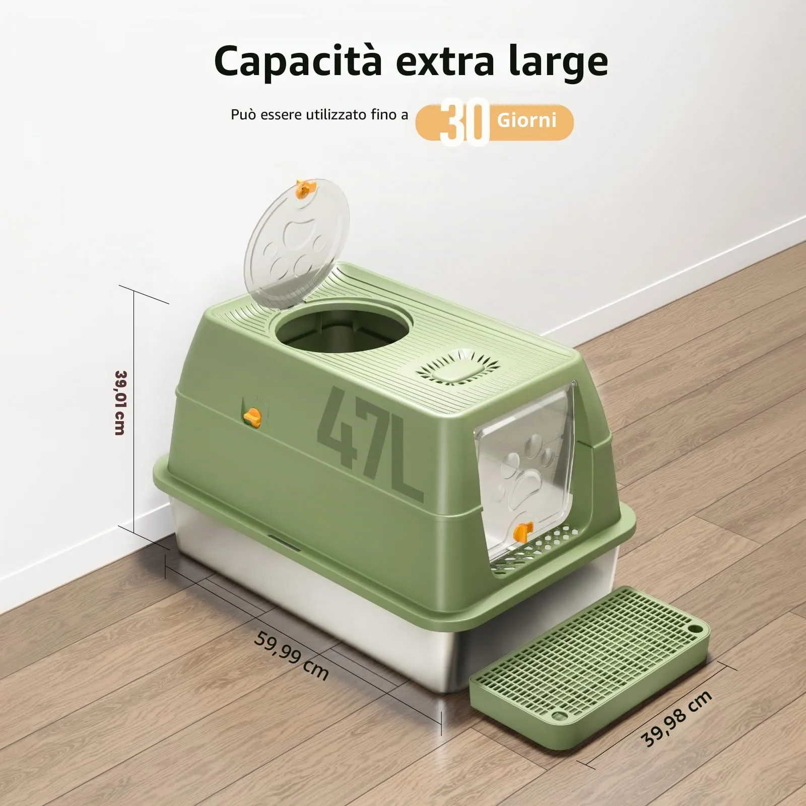 Eosarcu Lettiera per Gatti in Acciaio Inox Chiusa XXL, 60 x 40 x 39 cm, Verde - immagine 5