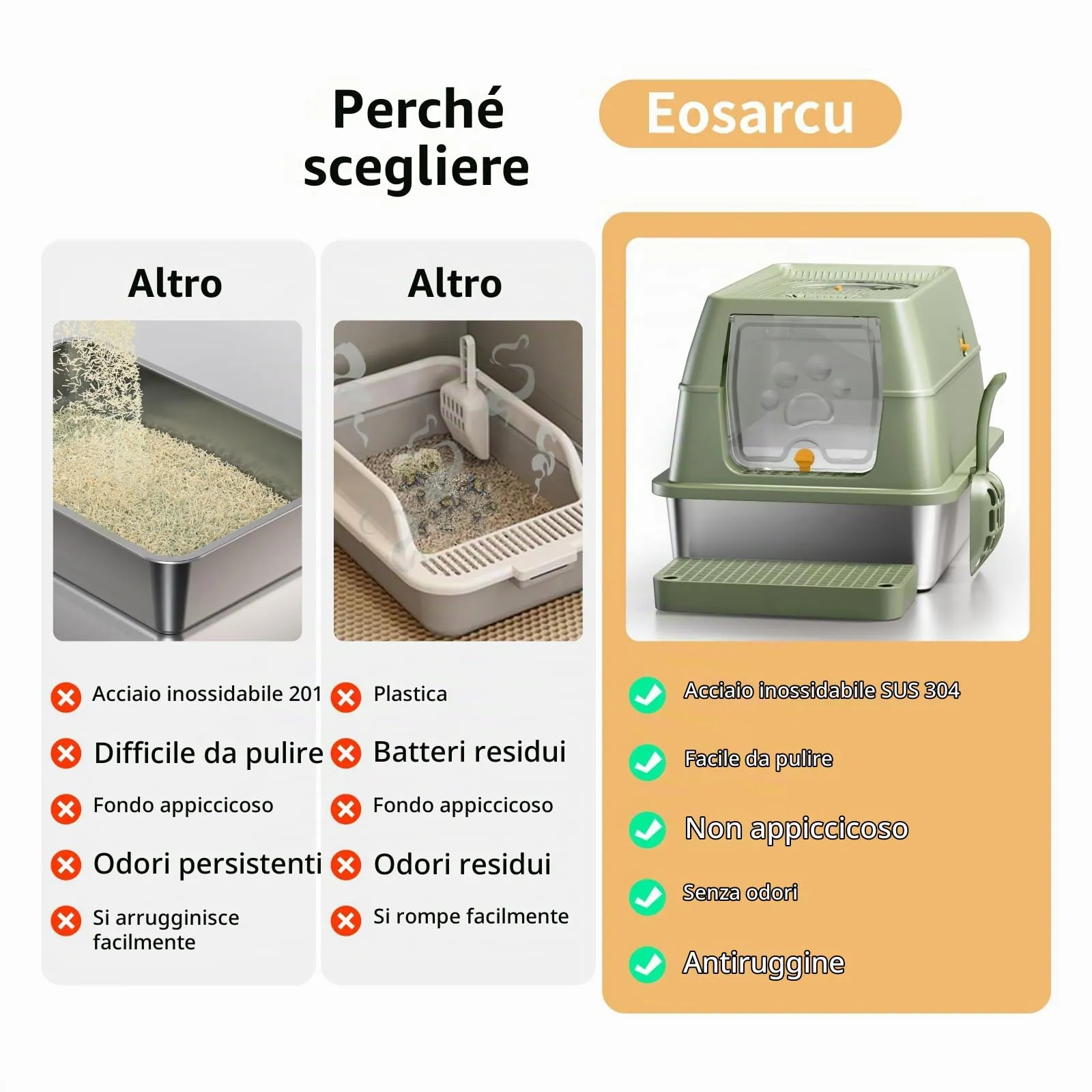 Eosarcu Lettiera per Gatti in Acciaio Inox Chiusa XXL, 60 x 40 x 39 cm, Verde - immagine 6