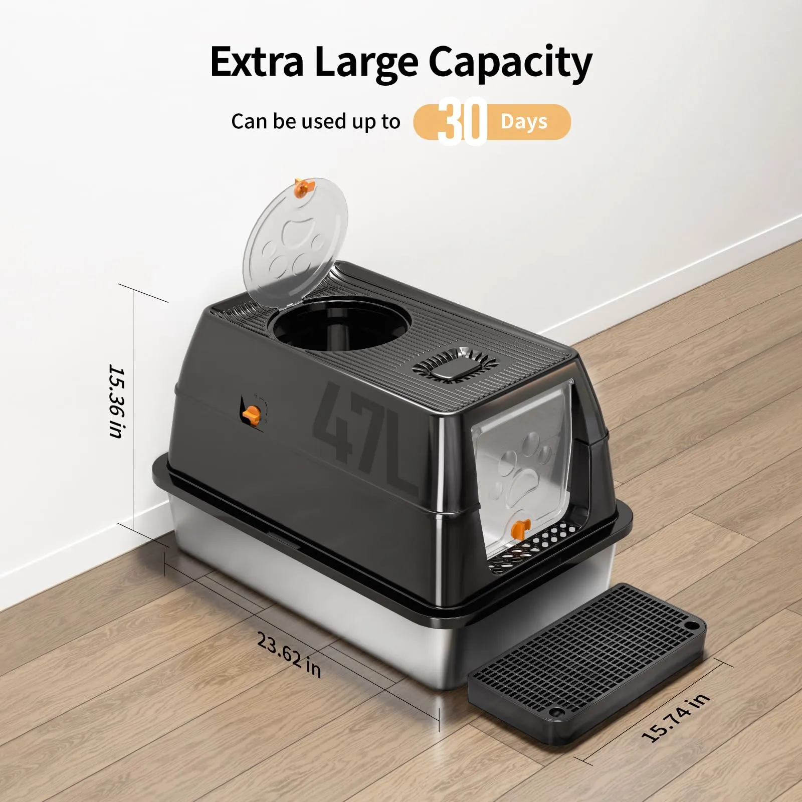 Eosarcu Lettiera Gatto Chiusa in Acciaio Inox, 60 x 40 x 39 cm, Nero - immagine 2