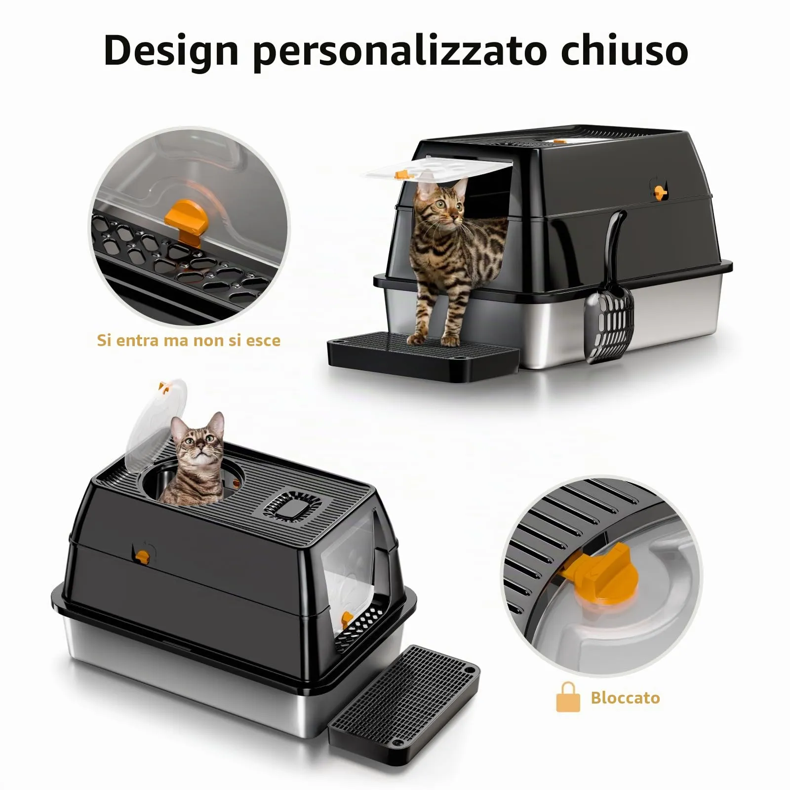 Eosarcu Lettiera Gatto Chiusa in Acciaio Inox, 60 x 40 x 39 cm, Nero - immagine 5