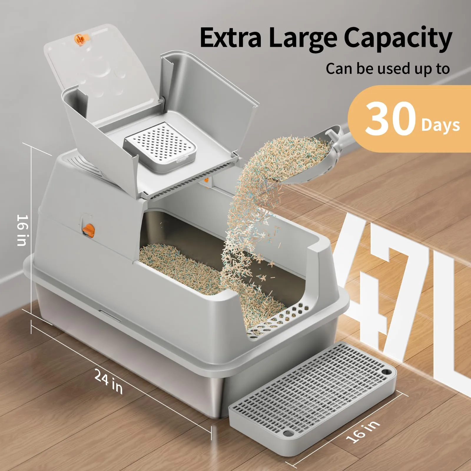 Eosarcu Lettiera per Gatti Chiusa XXL in Acciaio Inox con Paletta, 60 x 40 x 39 cm - Grigio - immagine 4