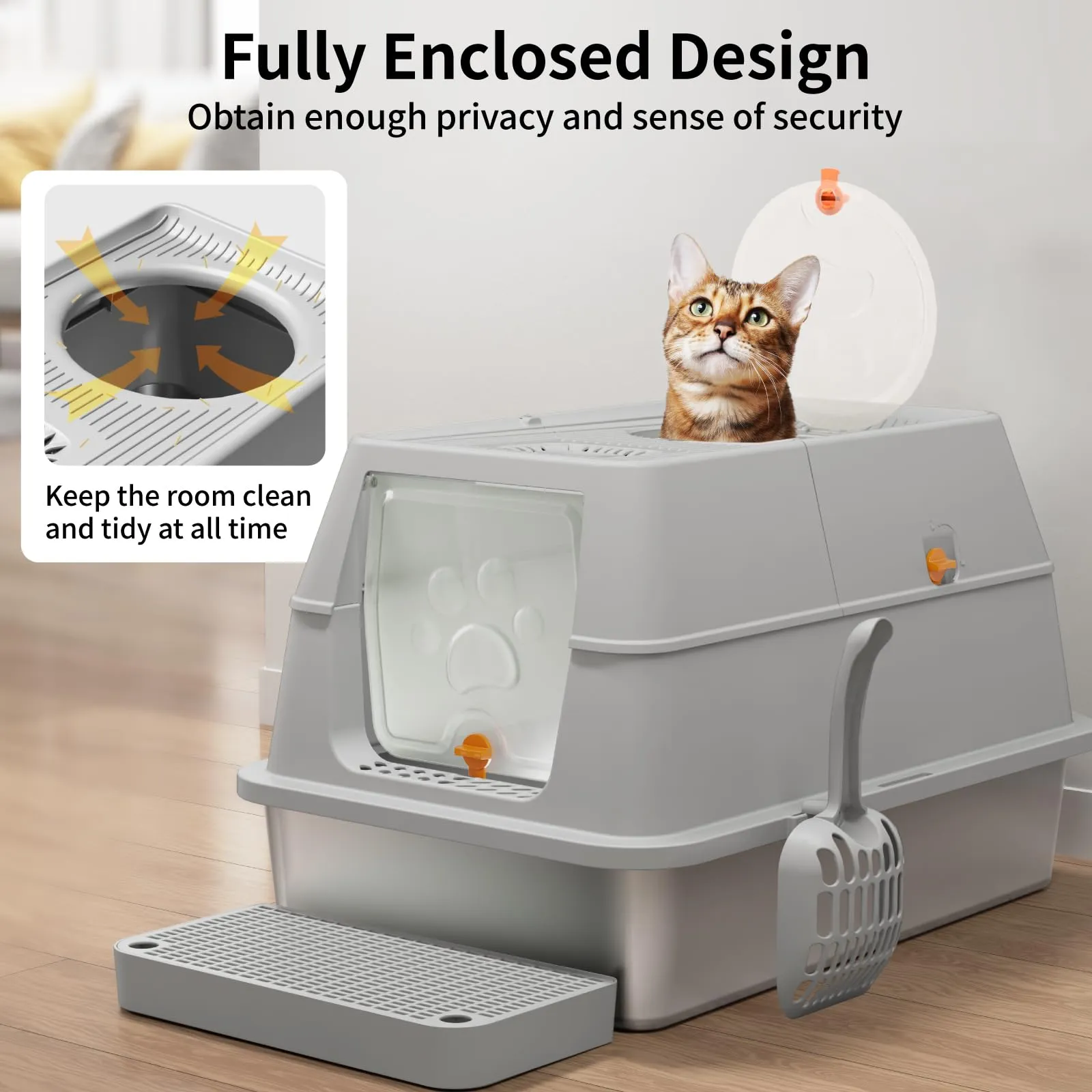 Eosarcu Lettiera per Gatti Chiusa XXL in Acciaio Inox con Paletta, 60 x 40 x 39 cm - Grigio - immagine 8