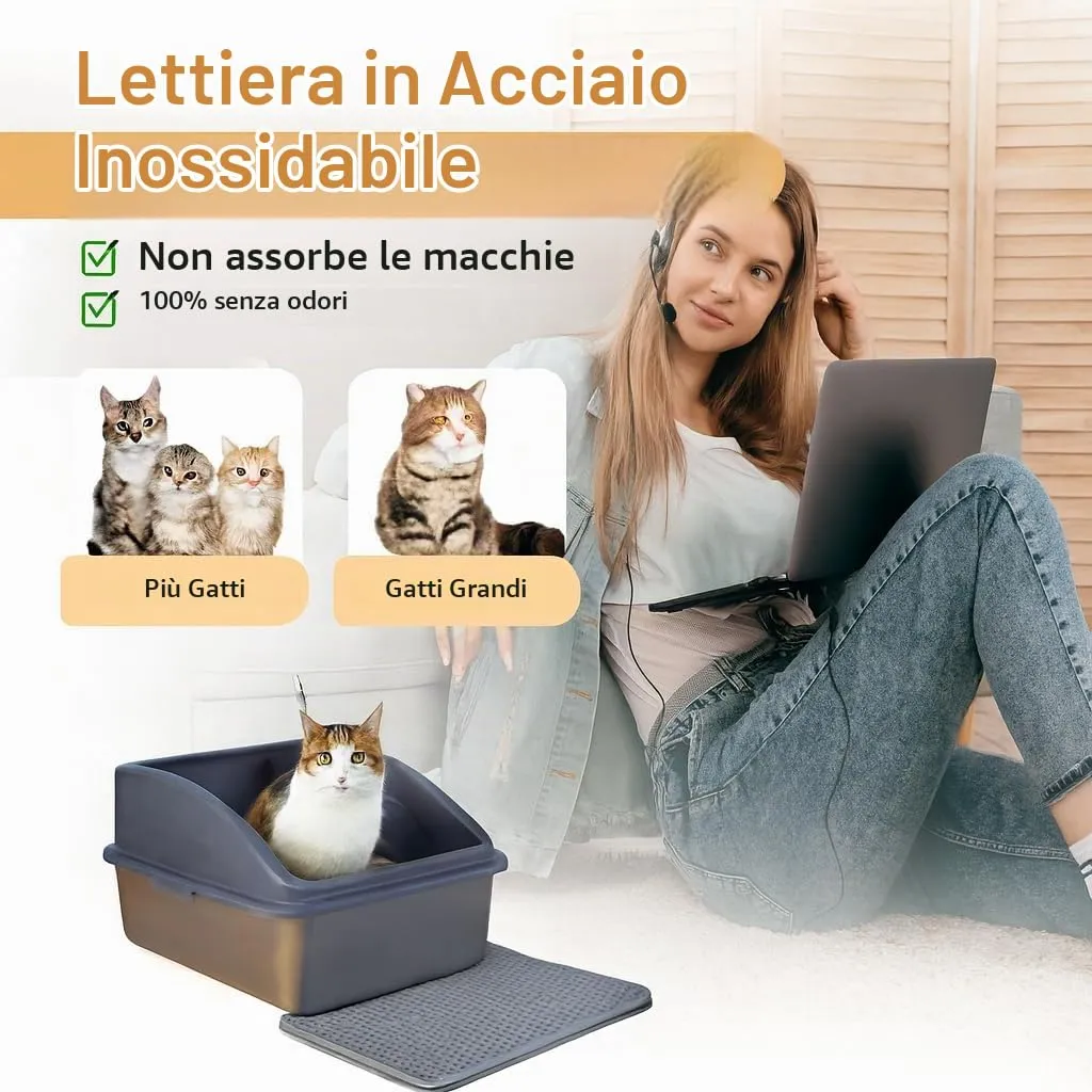 LINUMA Toilette per gatti in acciaio inossidabile con bordo alto, senza coperchio, grigio - immagine 2