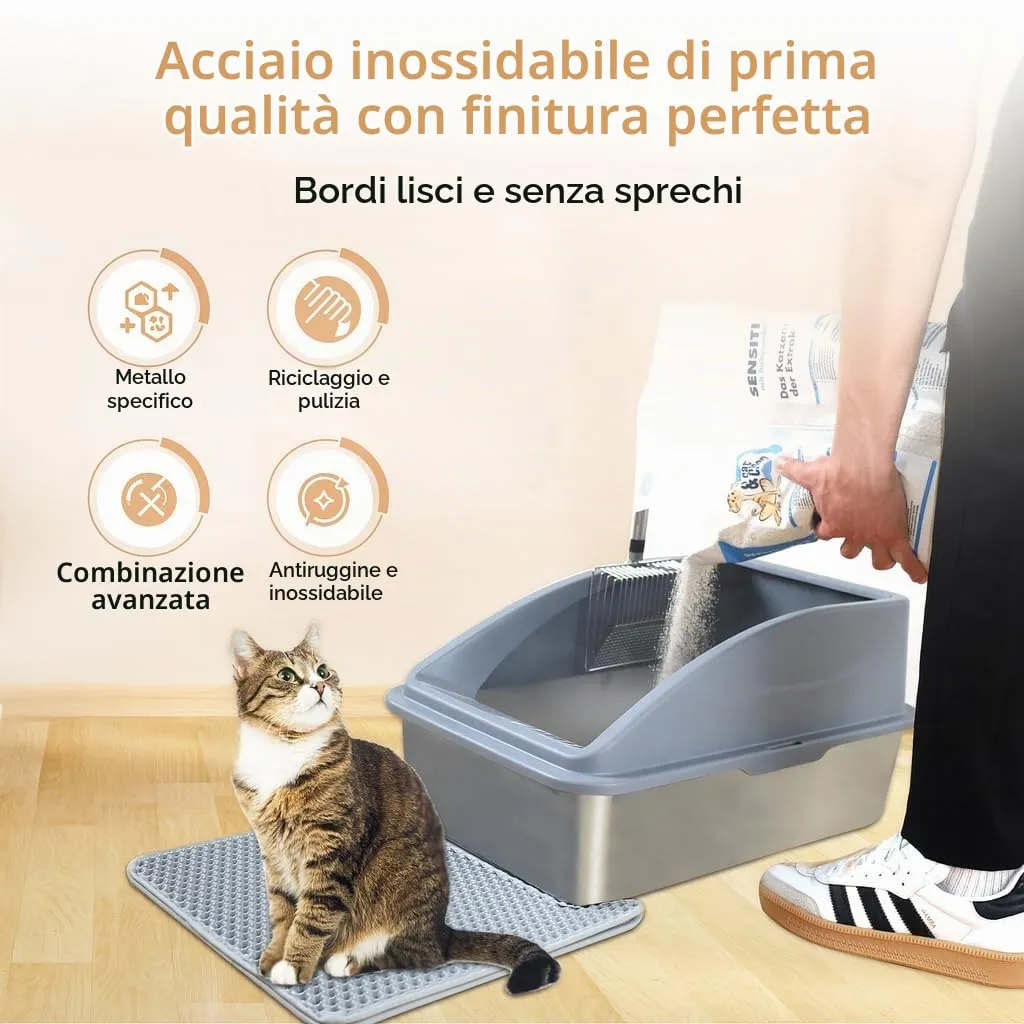 LINUMA Toilette per gatti in acciaio inossidabile con bordo alto, senza coperchio, grigio - immagine 4