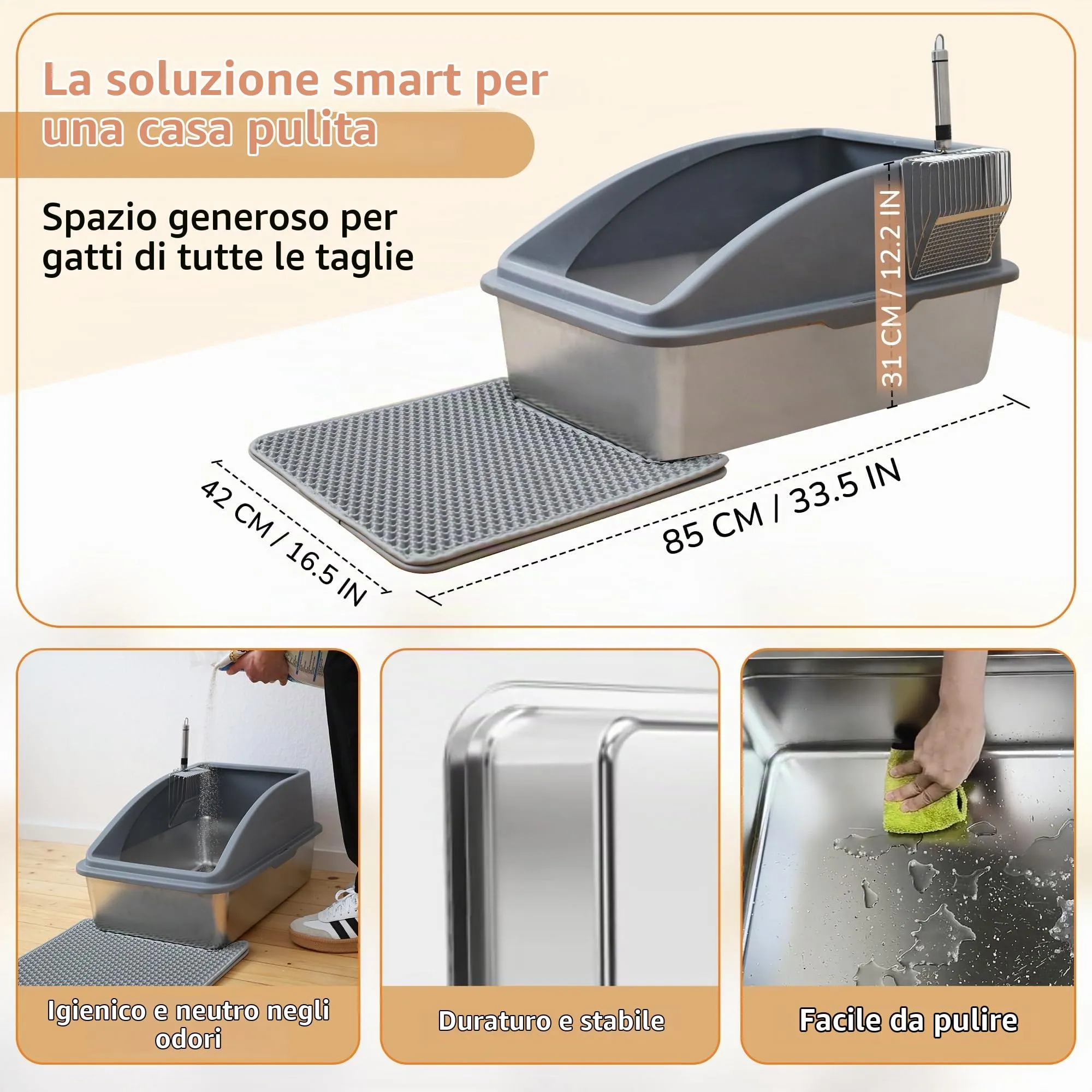 LINUMA Toilette per gatti in acciaio inossidabile con bordo alto, senza coperchio, grigio - immagine 8
