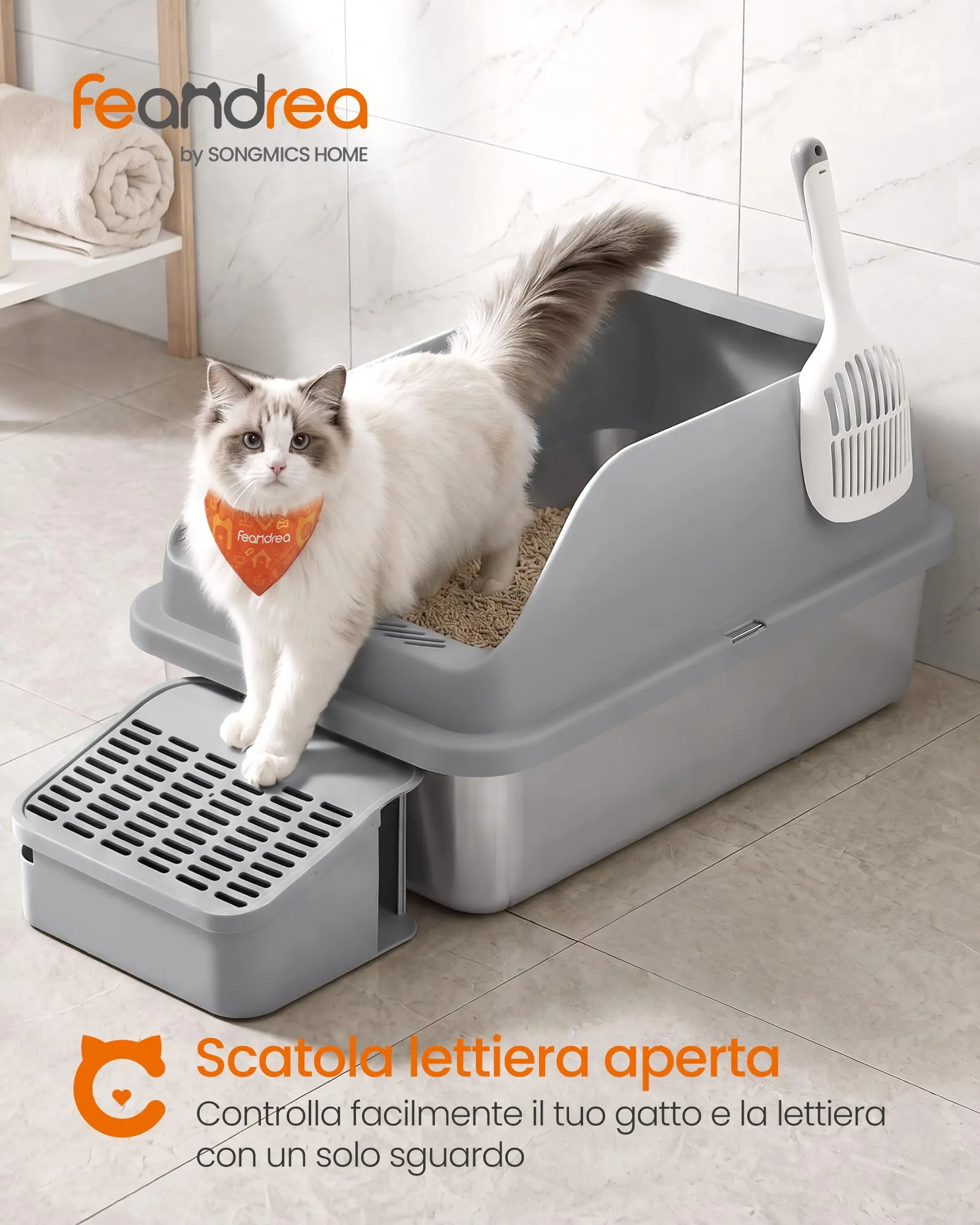 Feandrea Lettiera per Gatti in Acciaio Inossidabile Aperta con Bordi Alti, 62 x 42 x 30 cm, Grigio Ardesia - immagine 2