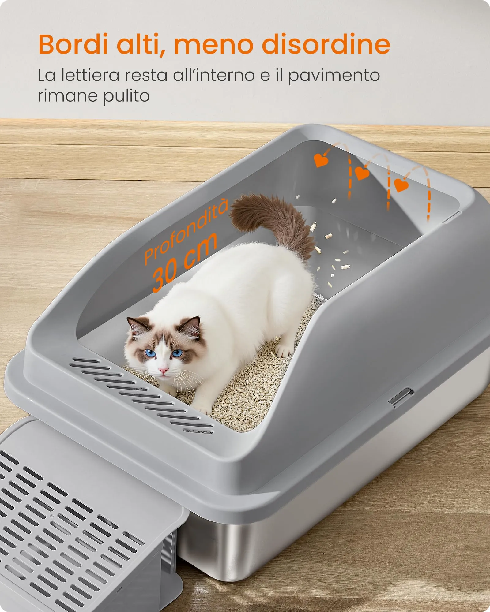 Feandrea Lettiera per Gatti in Acciaio Inossidabile Aperta con Bordi Alti, 62 x 42 x 30 cm, Grigio Ardesia - immagine 4