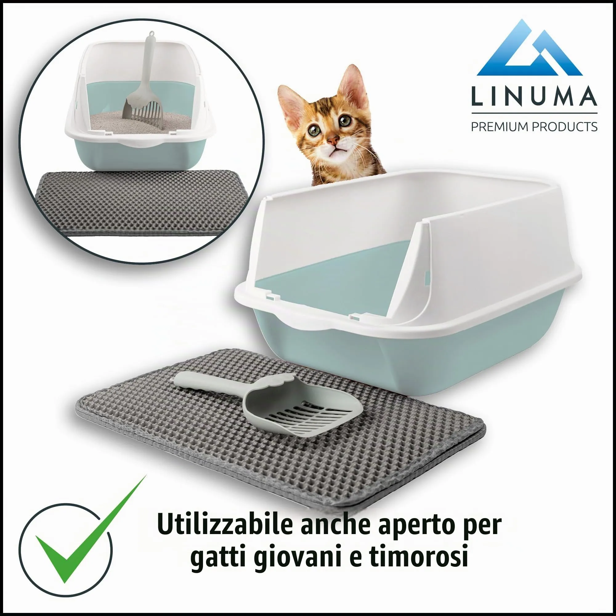 LINUMA Lettiera per gatti con coperchio, tappetino e pala, Verde Menta - immagine 2