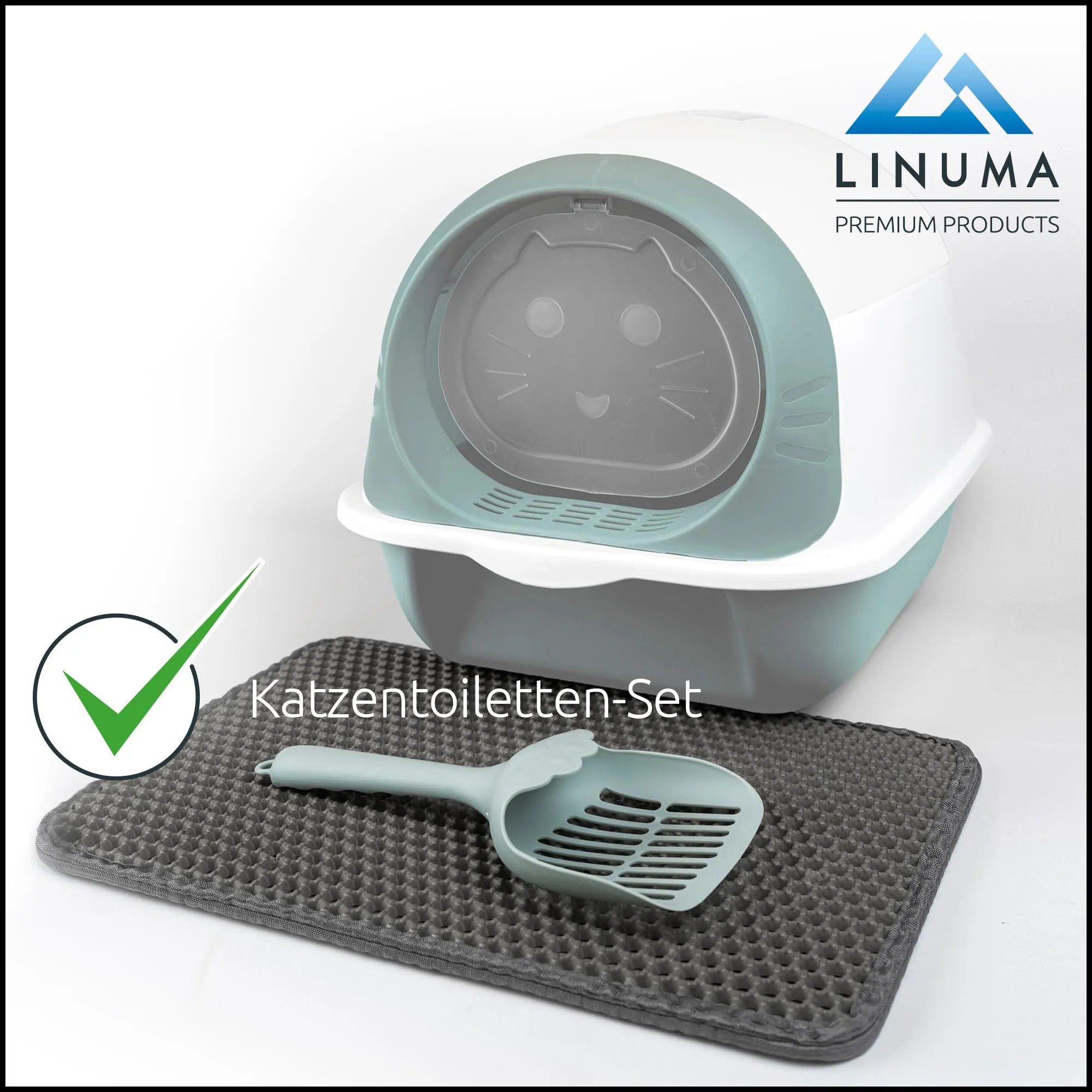 LINUMA Lettiera per gatti con coperchio, tappetino e pala, Verde Menta - immagine 3