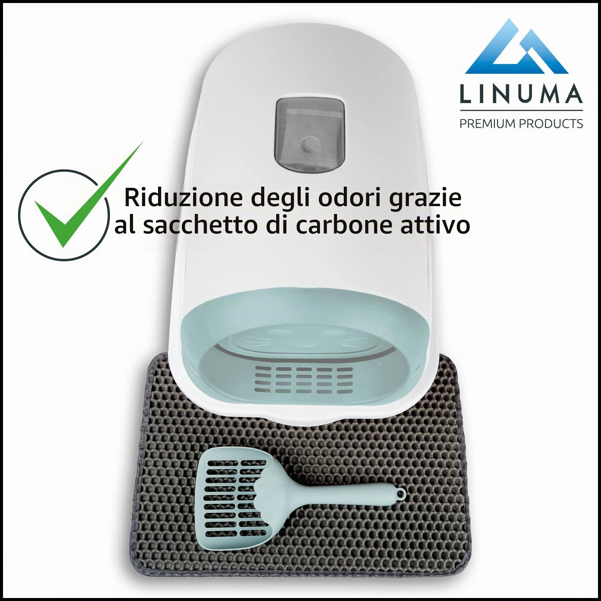 LINUMA Lettiera per gatti con coperchio, tappetino e pala, Verde Menta - immagine 4
