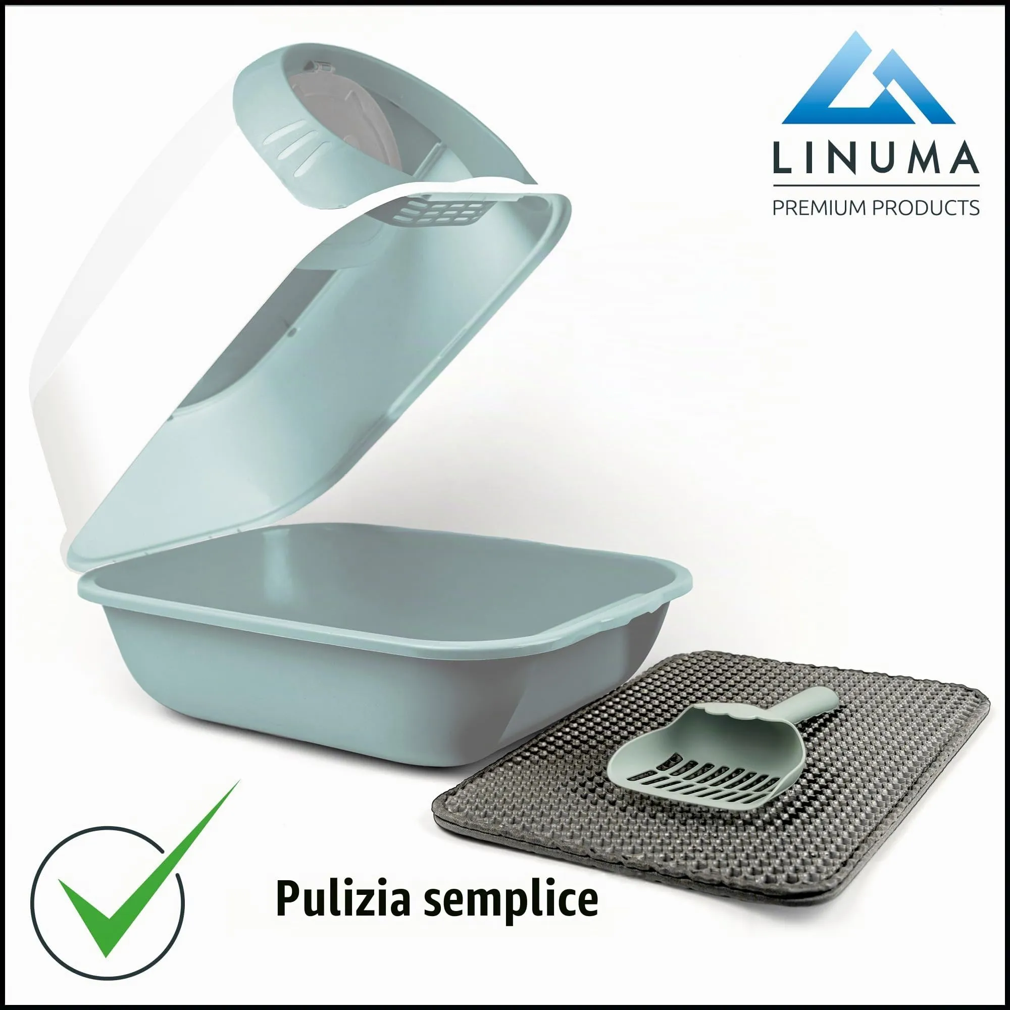 LINUMA Lettiera per gatti con coperchio, tappetino e pala, Verde Menta - immagine 5