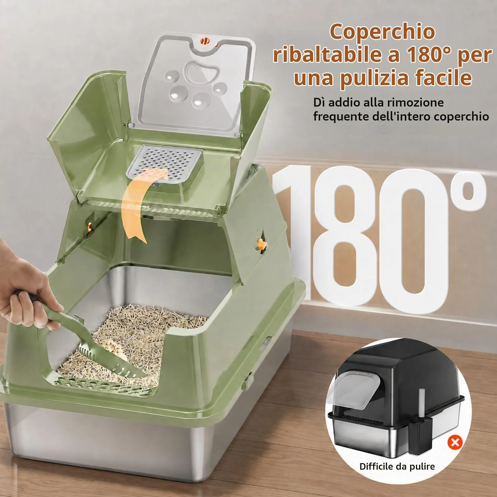 Eosarcu Lettiera per Gatti in Acciaio Inox Chiusa XXL, 60 x 40 x 39 cm, Verde - immagine 2