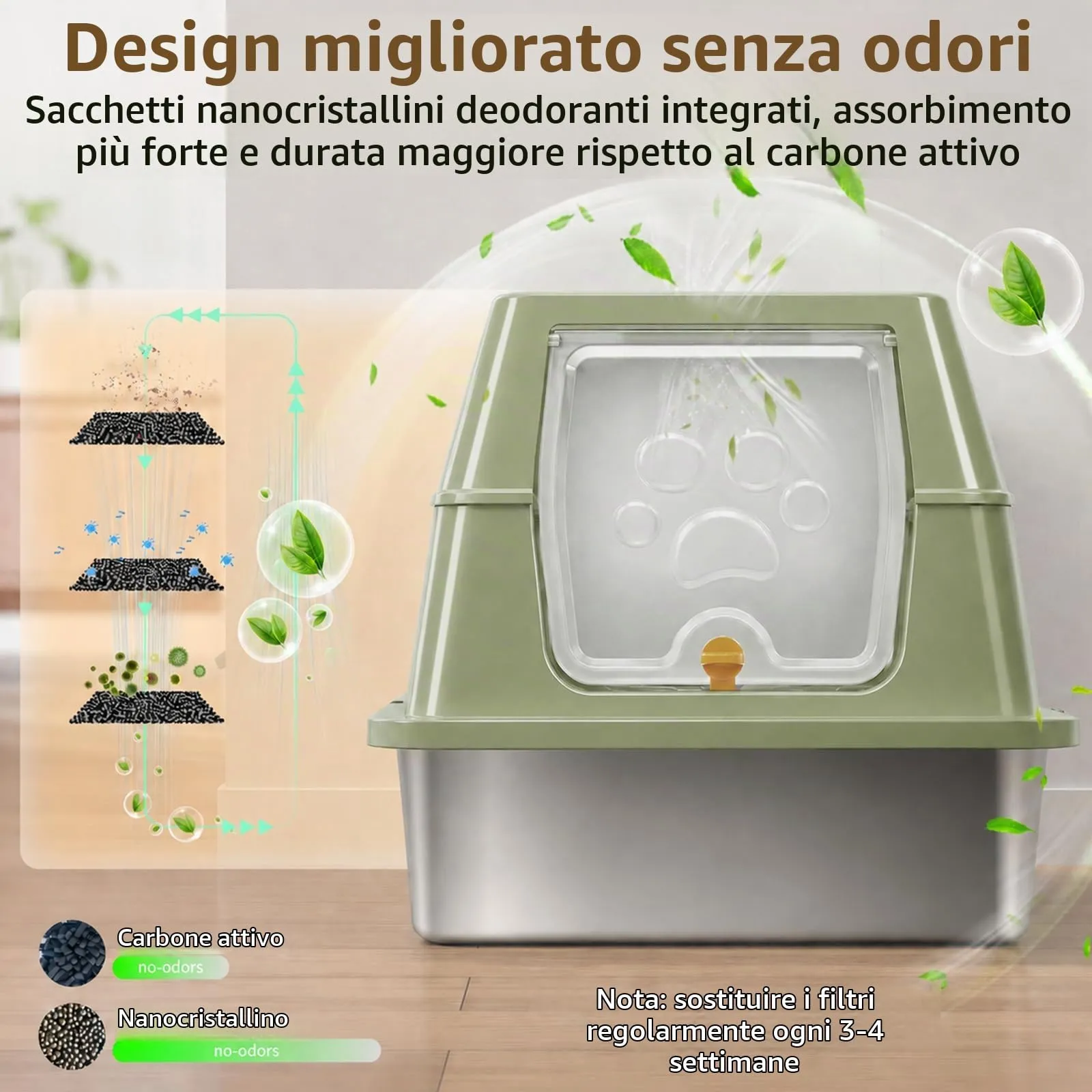 Eosarcu Lettiera per Gatti in Acciaio Inox Chiusa XXL, 60 x 40 x 39 cm, Verde - immagine 3