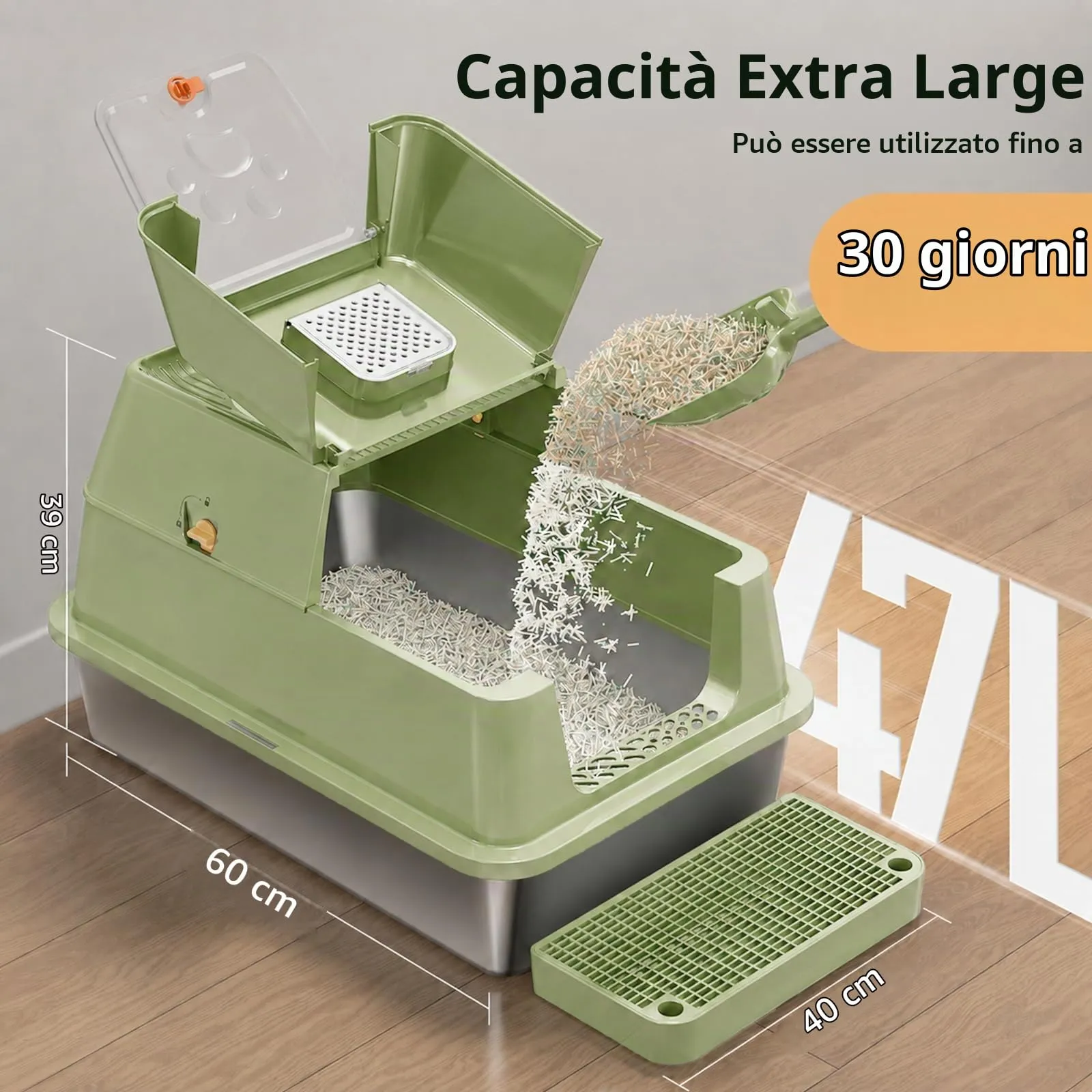 Eosarcu Lettiera per Gatti in Acciaio Inox Chiusa XXL, 60 x 40 x 39 cm, Verde - immagine 4