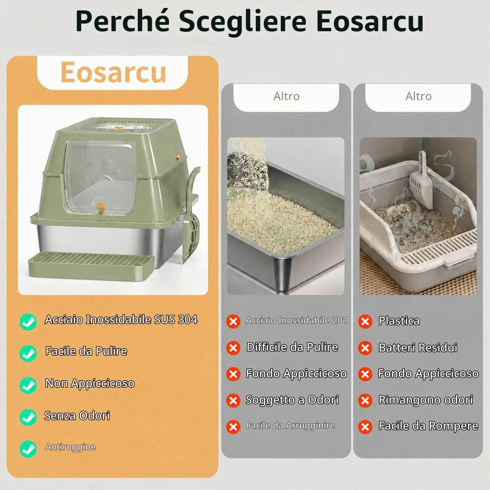 Eosarcu Lettiera per Gatti in Acciaio Inox Chiusa XXL, 60 x 40 x 39 cm, Verde - immagine 6