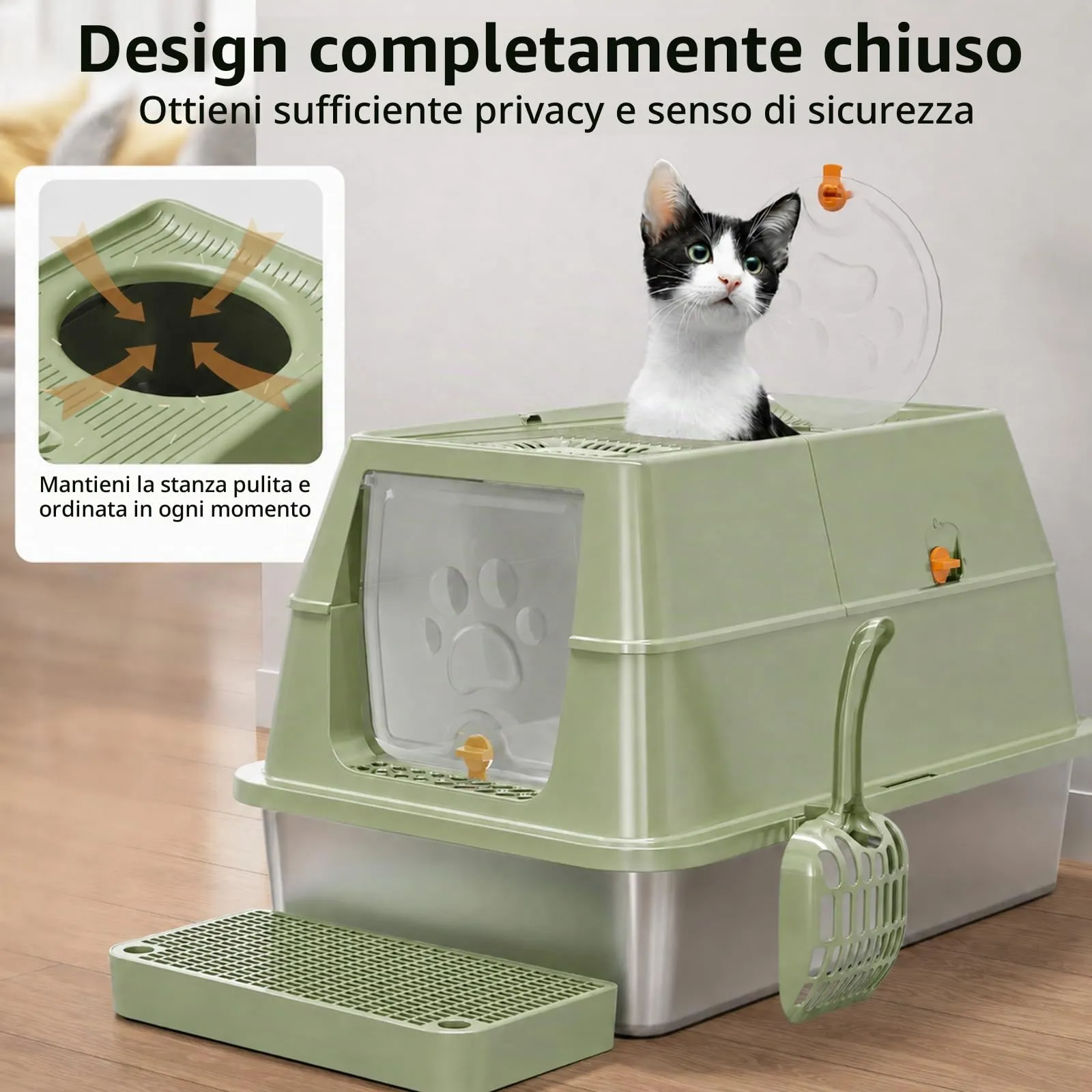 Eosarcu Lettiera per Gatti in Acciaio Inox Chiusa XXL, 60 x 40 x 39 cm, Verde - immagine 8