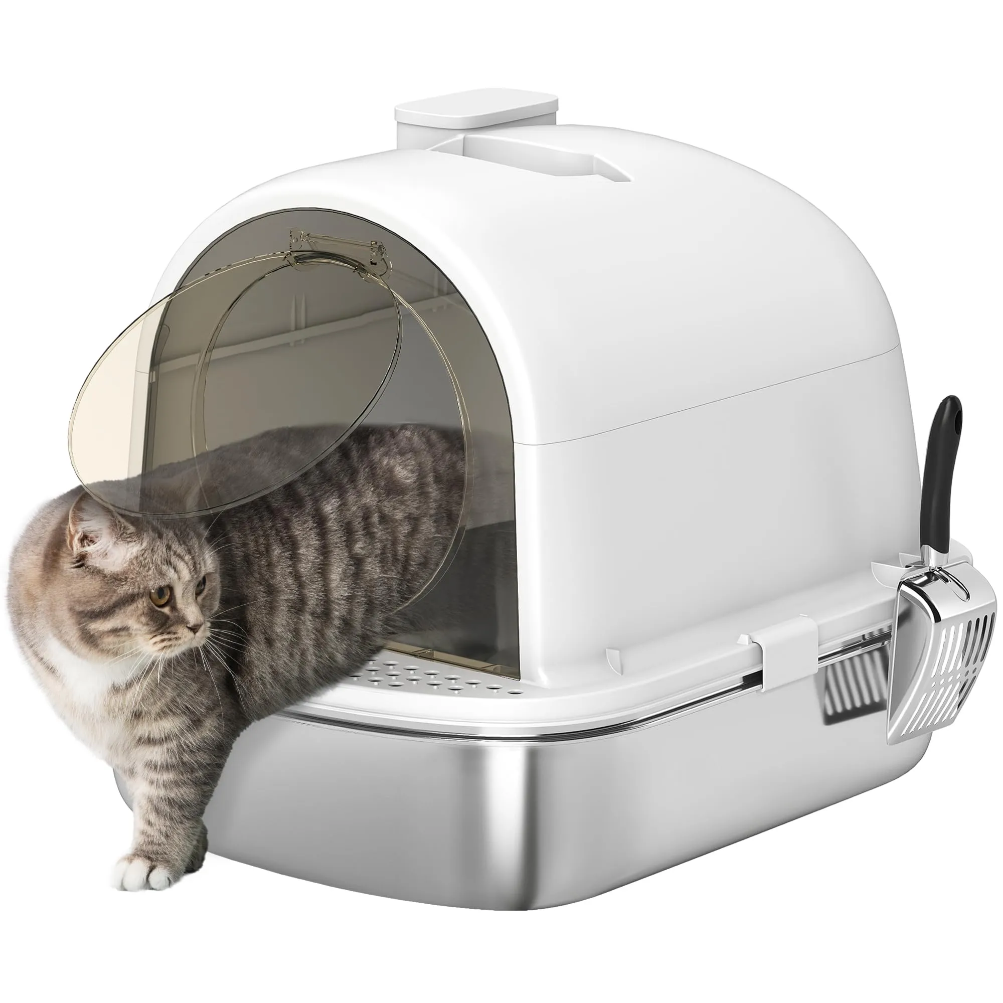 PawHut Lettiera Gatto Chiusa in Acciaio Inox con Maniglia, Bianco, Grande - immagine 1