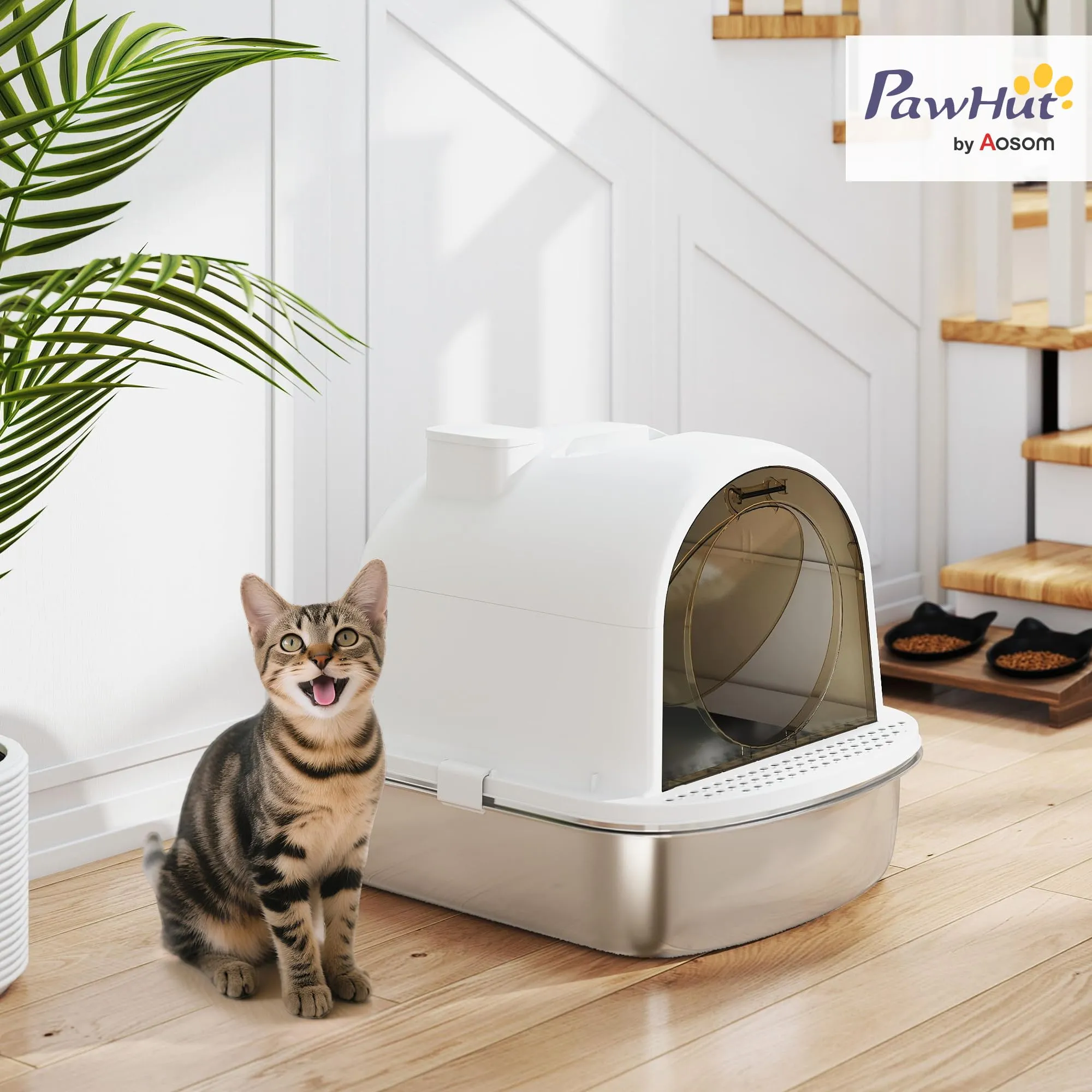PawHut Lettiera Gatto Chiusa in Acciaio Inox con Maniglia, Bianco, Grande - immagine 2