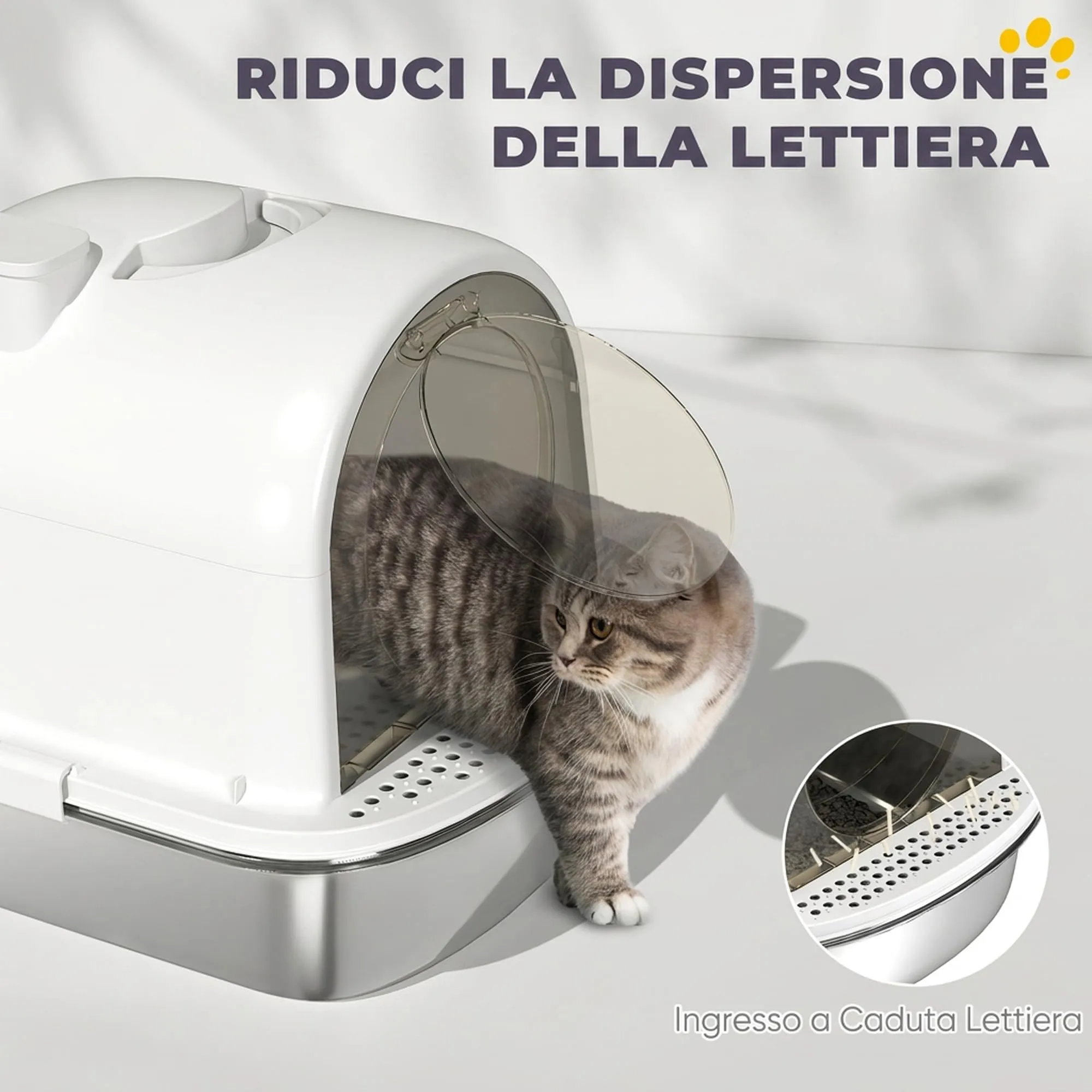 PawHut Lettiera Gatto Chiusa in Acciaio Inox con Maniglia, Bianco, Grande - immagine 4