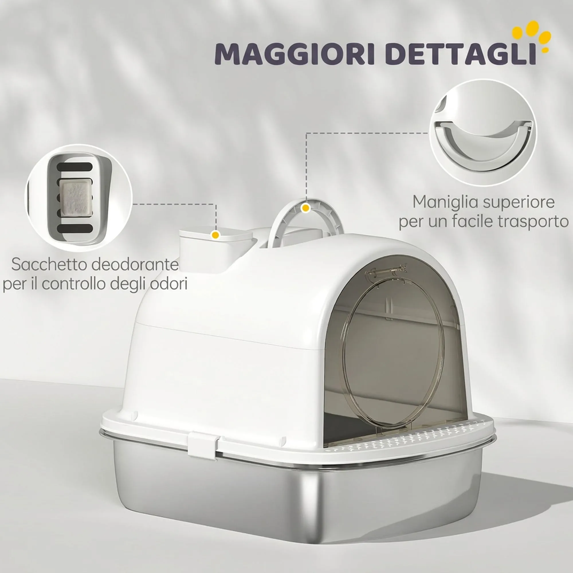 PawHut Lettiera Gatto Chiusa in Acciaio Inox con Maniglia, Bianco, Grande - immagine 6