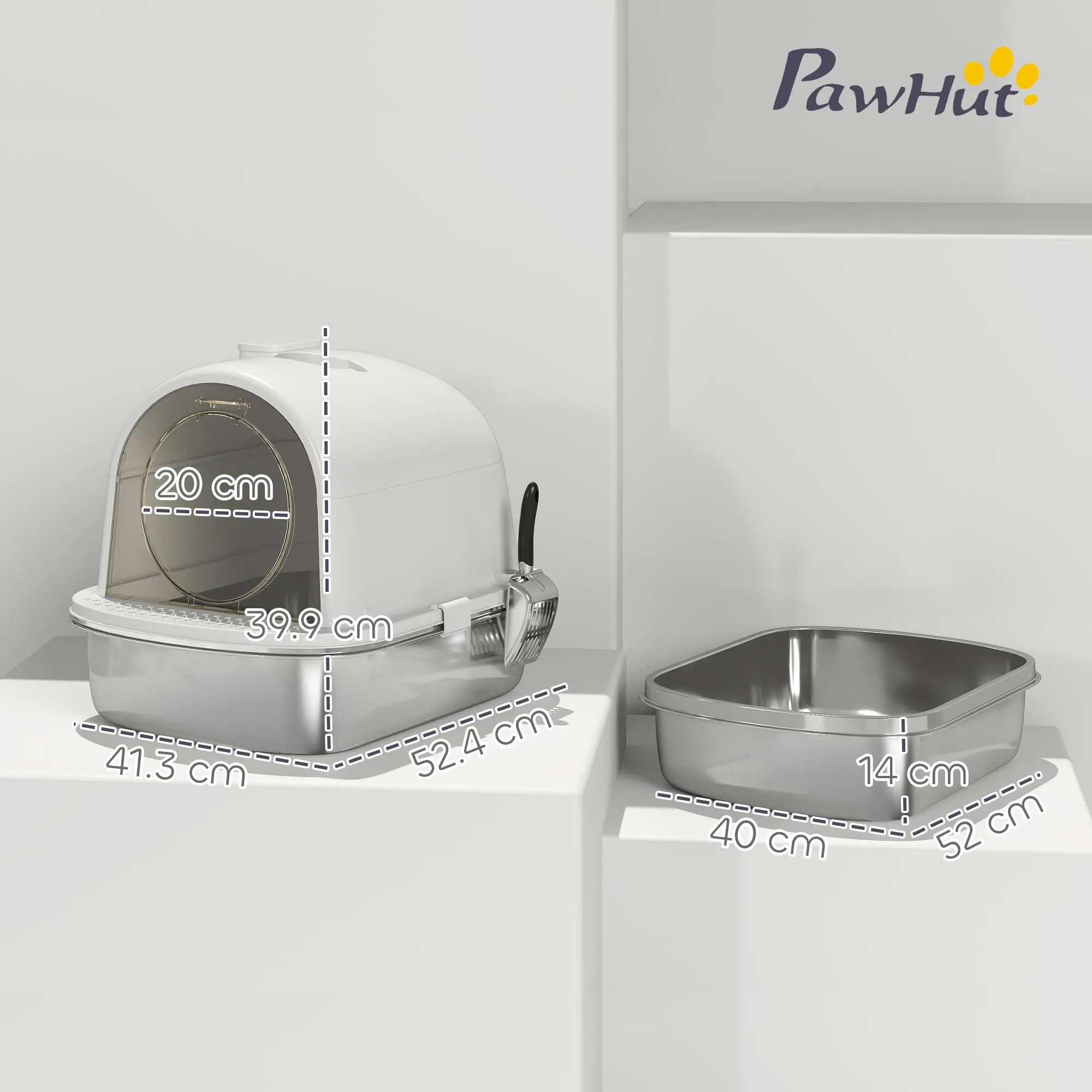PawHut Lettiera Gatto Chiusa in Acciaio Inox con Maniglia, Bianco, Grande - immagine 7