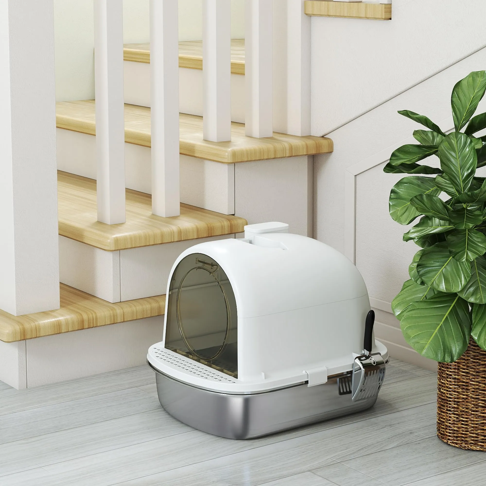 PawHut Lettiera Gatto Chiusa in Acciaio Inox con Maniglia, Bianco, Grande - immagine 8