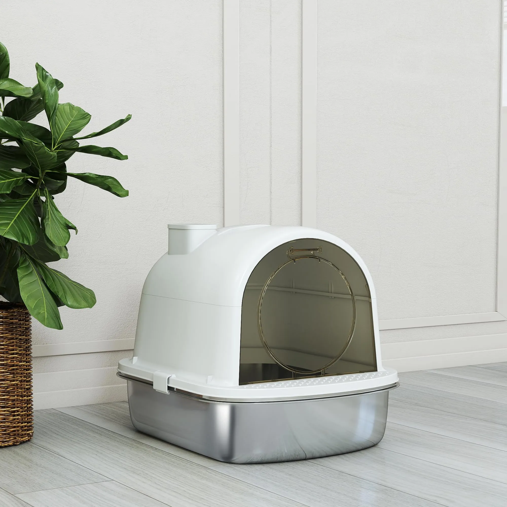PawHut Lettiera Gatto Chiusa in Acciaio Inox con Maniglia, Bianco, Grande - immagine 9