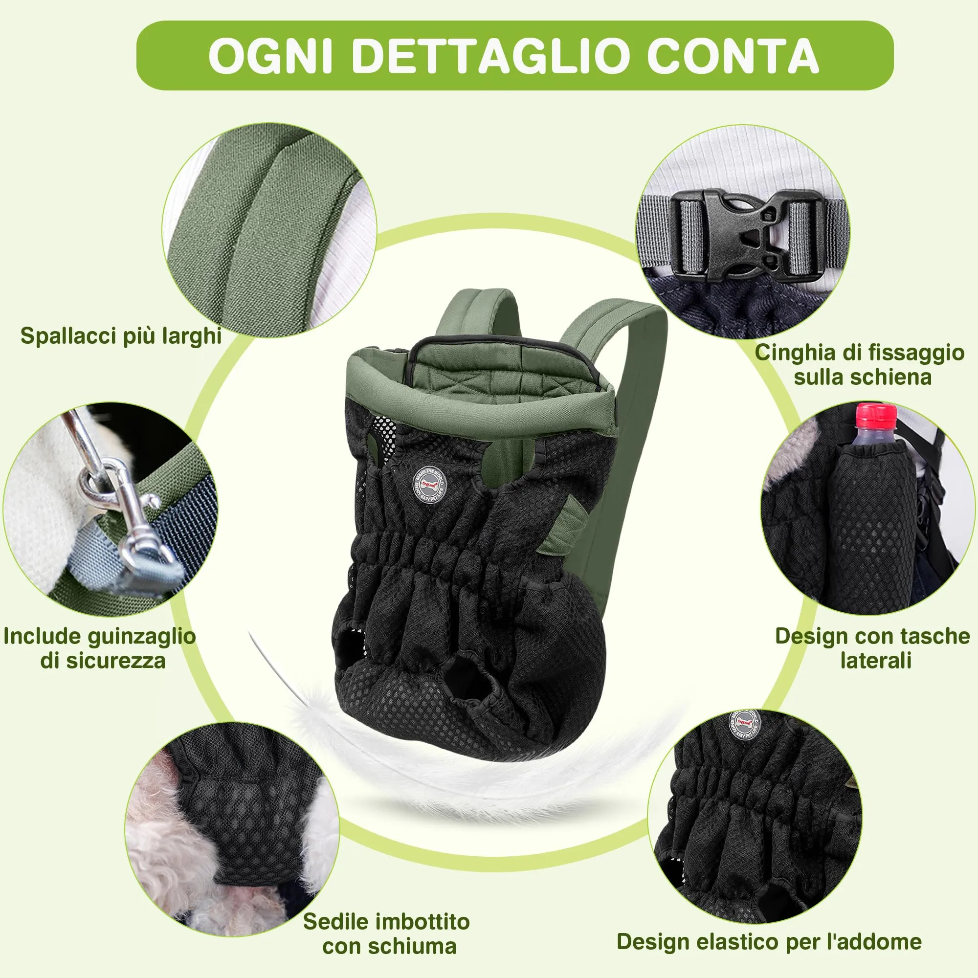 ALLSOPETS Zaino Frontale per Cani, Verde Oliva, L - immagine 3