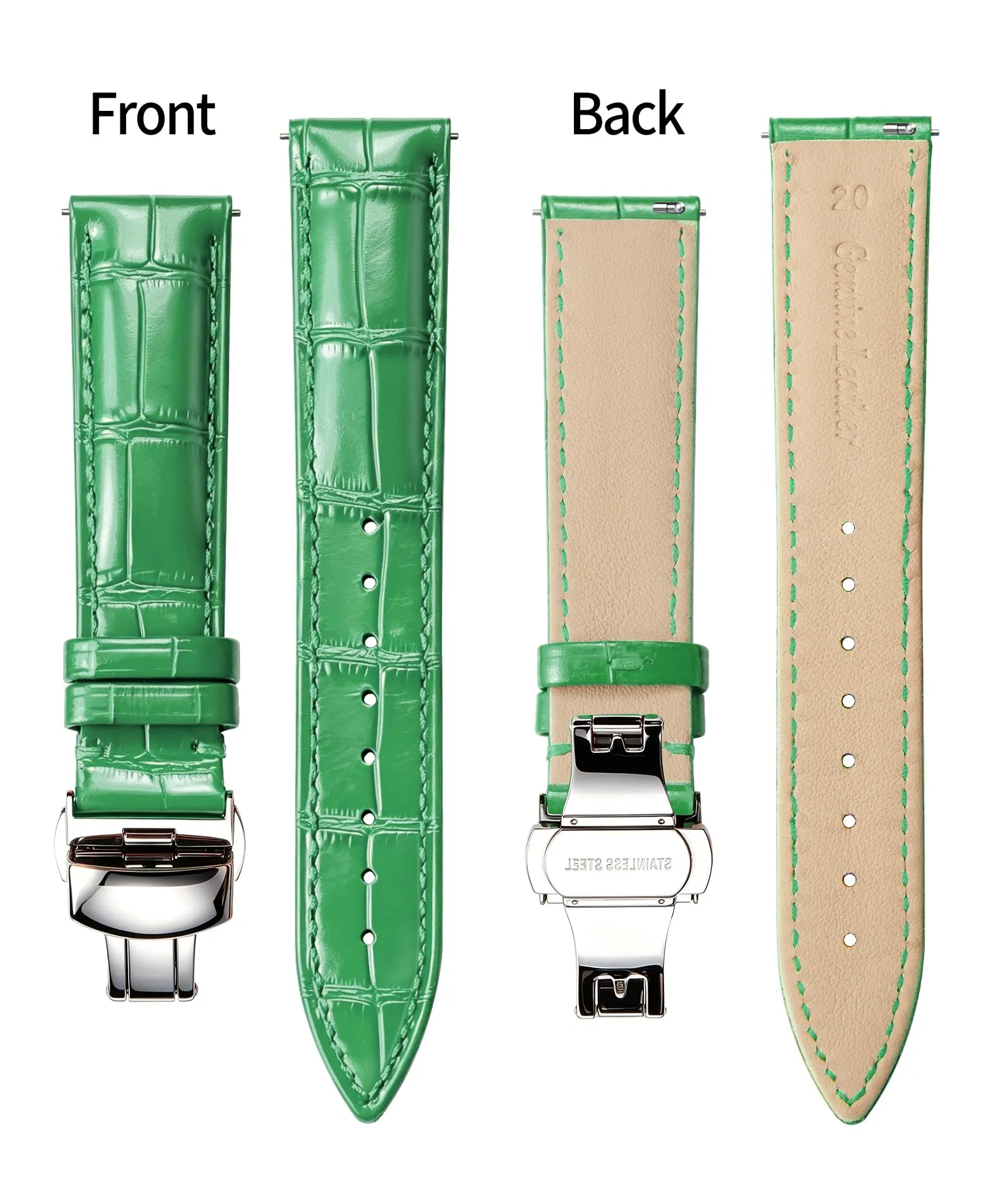 BINLUN Cinturino in Pelle per Orologio Unisex con Fibbia a Farfalla, 12mm, Verde-Fibbia Argento - immagine 2
