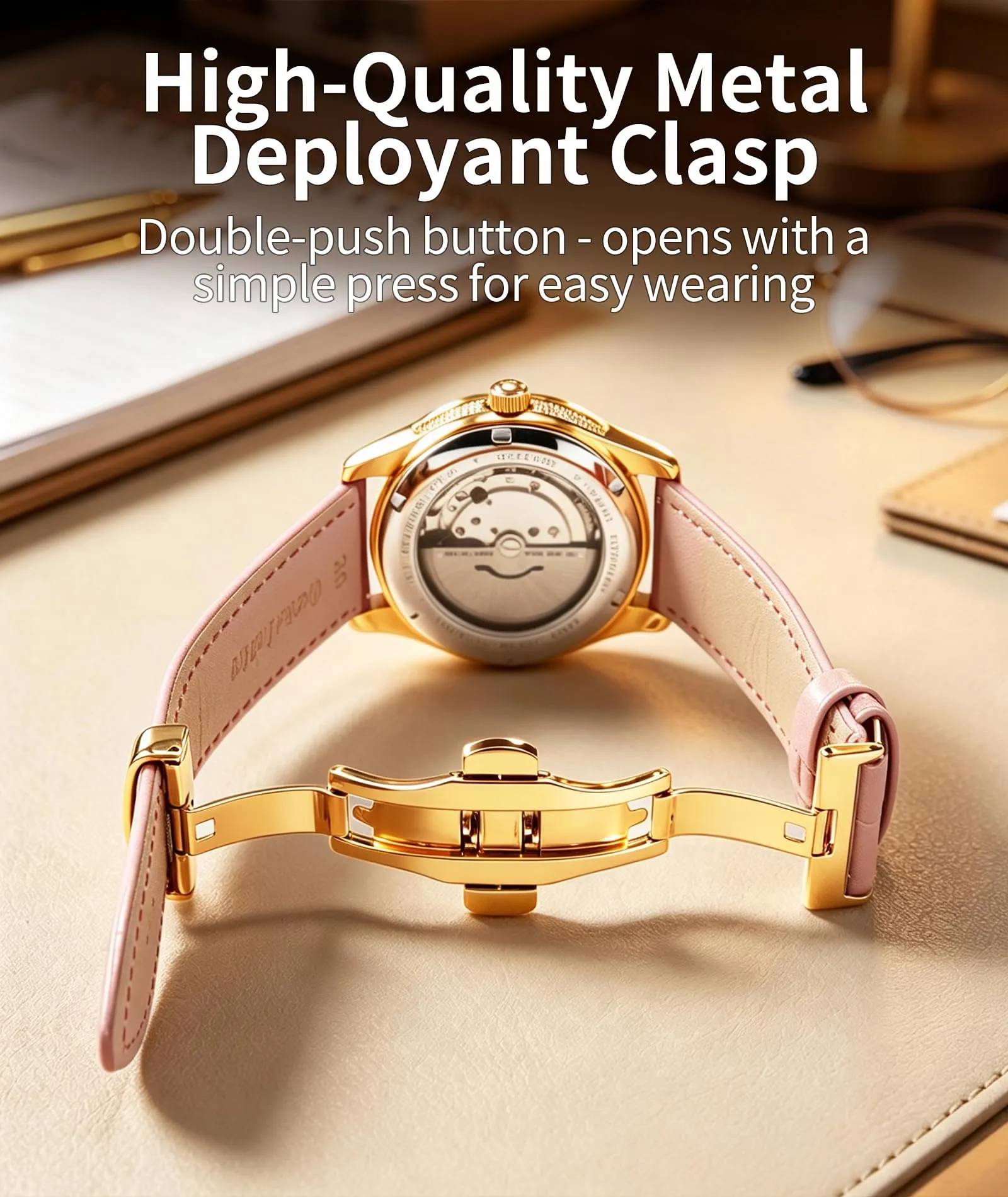BINLUN Cinturino in Pelle per Orologio con Fibbia a Farfalla, 12mm, Rosa con Fibbia Oro - immagine 3