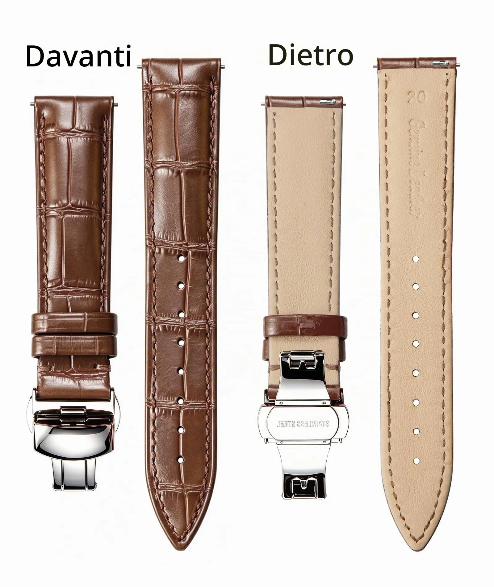 BINLUN Cinturino per Orologio in Pelle con Fibbia a Farfalla, Marrone-Fibbia D'argento, 14mm - immagine 2