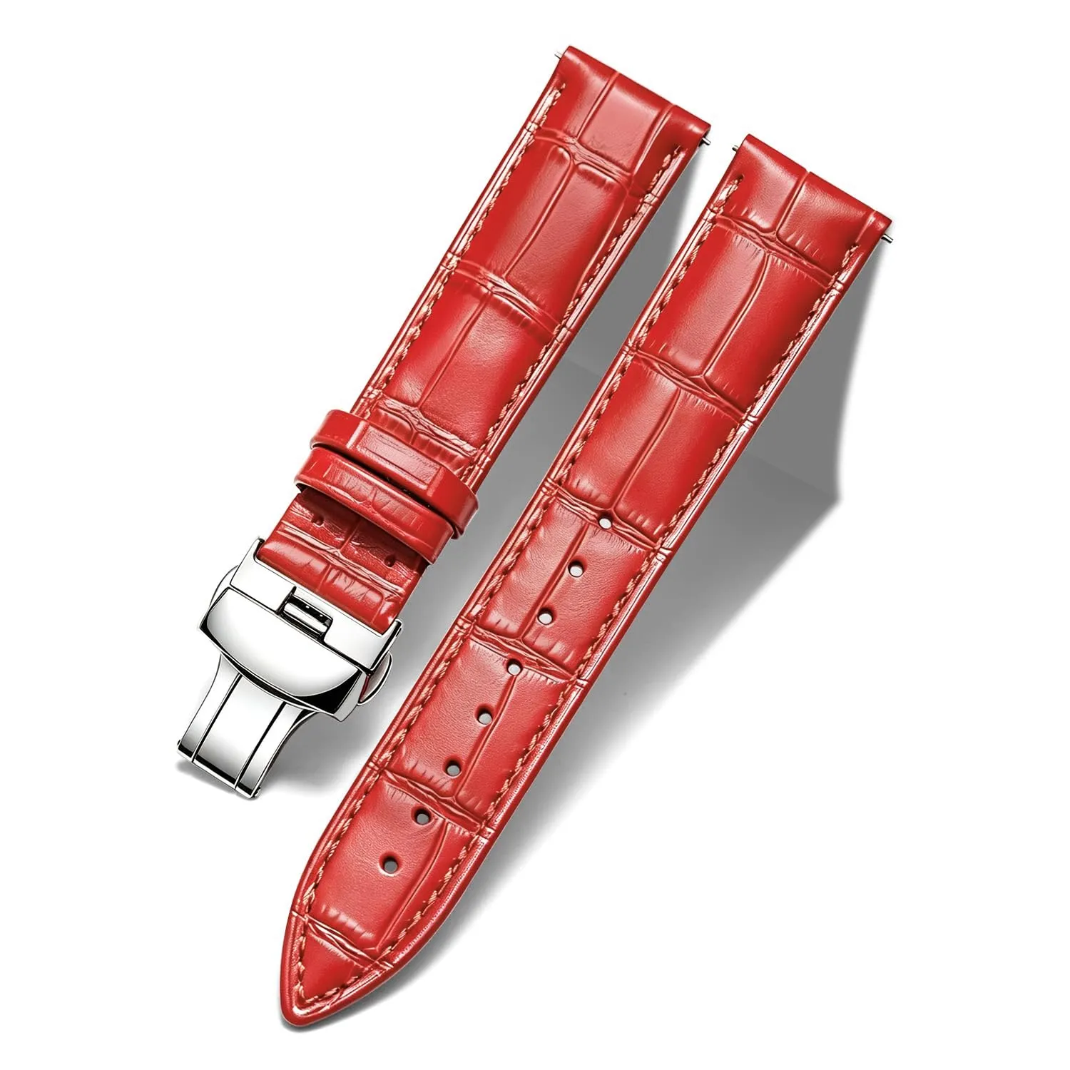 BINLUN Cinturino per Orologio in Pelle con Fibbia a Farfalla, 18mm, Rosso-Fibbia D'argento - immagine 1