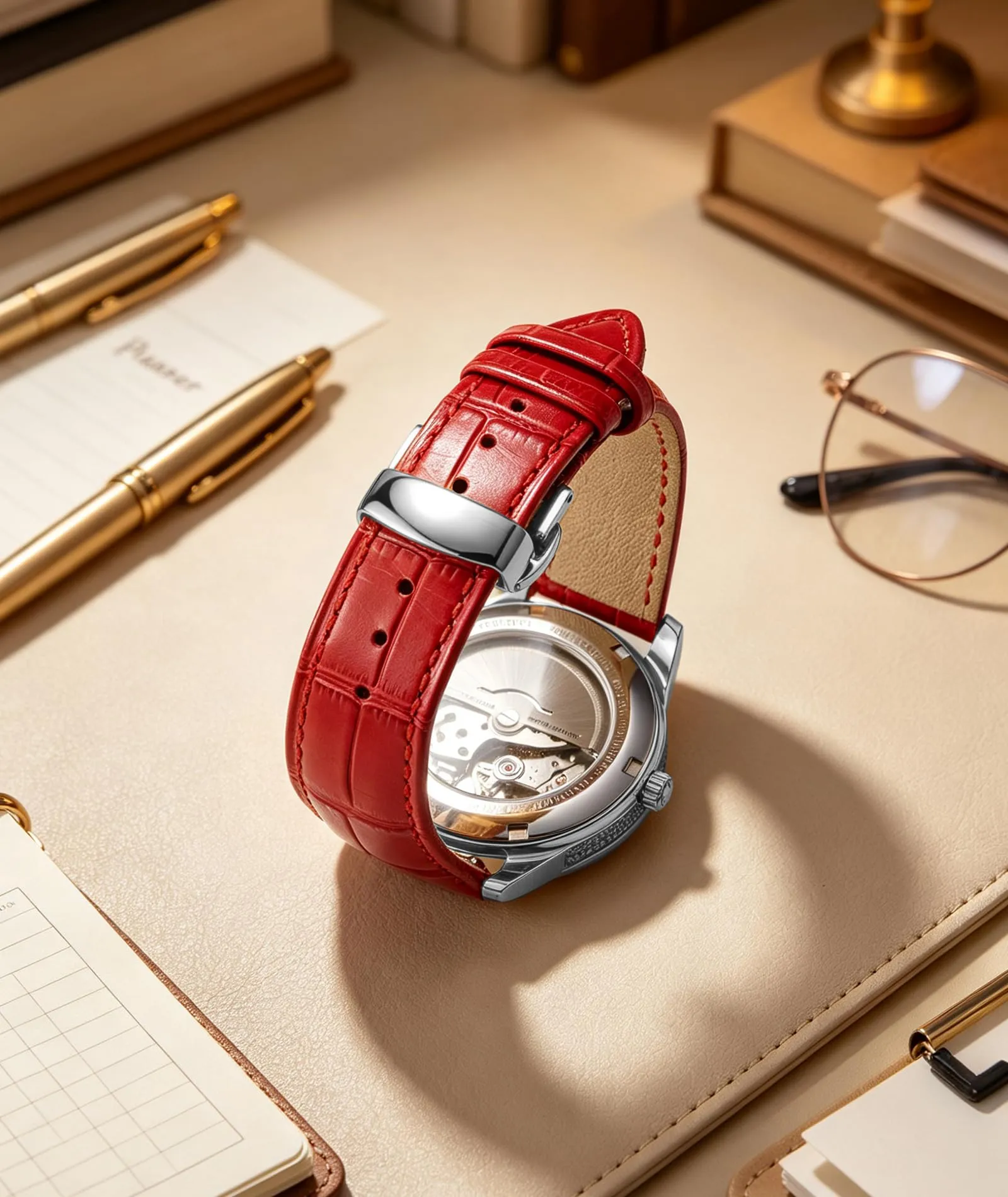 BINLUN Cinturino per Orologio in Pelle con Fibbia a Farfalla, 18mm, Rosso-Fibbia D'argento - immagine 4