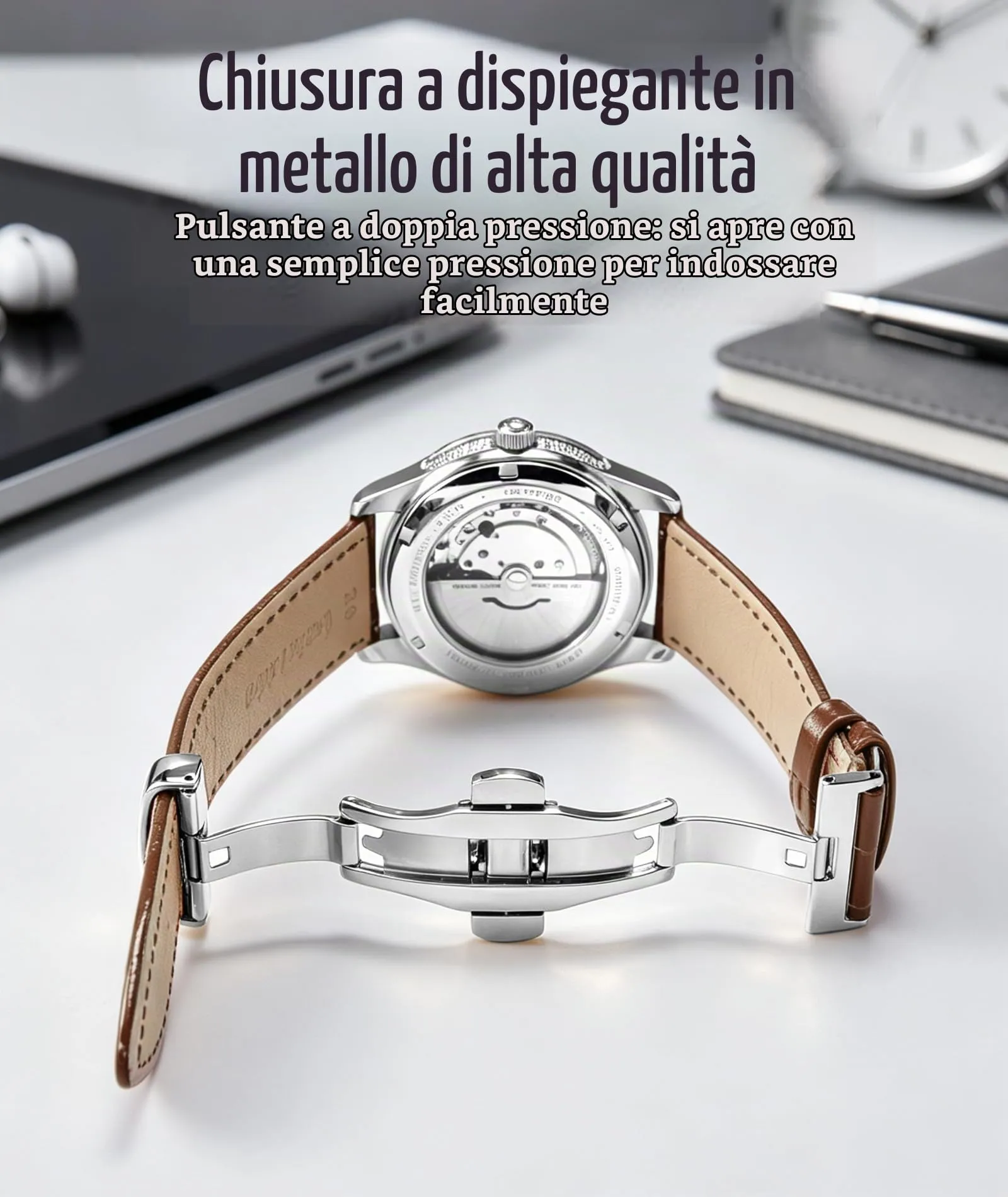BINLUN Cinturino per Orologio in Pelle con Fibbia a Farfalla, 13mm, Marrone-Fibbia Argento - immagine 3