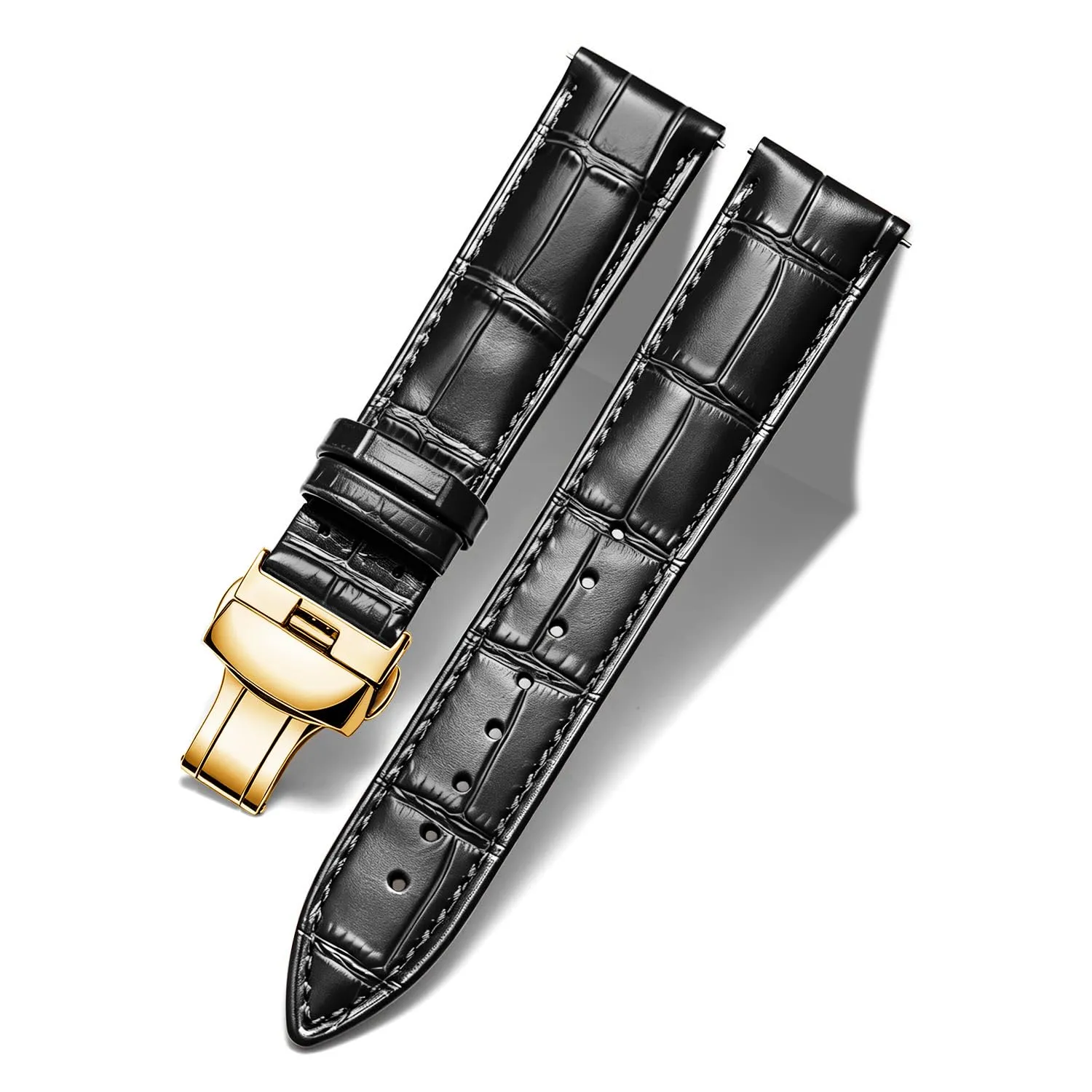 BINLUN Cinturino per Orologio in Pelle con Fibbia a Farfalla, 21mm, Nero con Fibbia in Oro - immagine 1