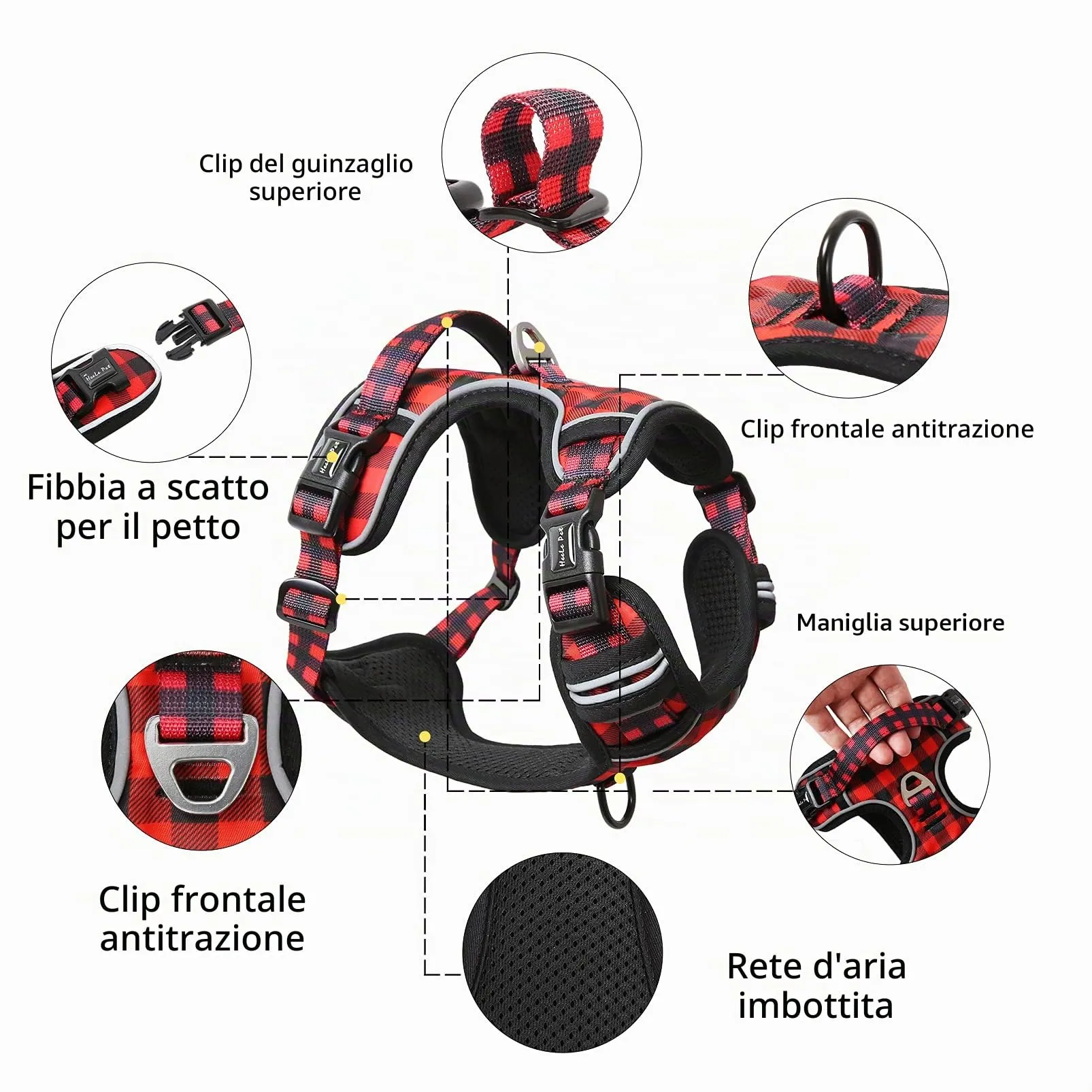 HEELE Pettorina Cane Anti-tiro Riflettente e Regolabile con Maniglia, Rosso-Nero S - immagine 3