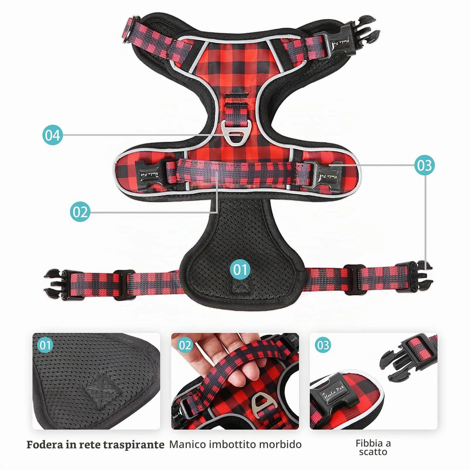 HEELE Pettorina Cane Anti-tiro Riflettente e Regolabile con Maniglia, Rosso-Nero S - immagine 5